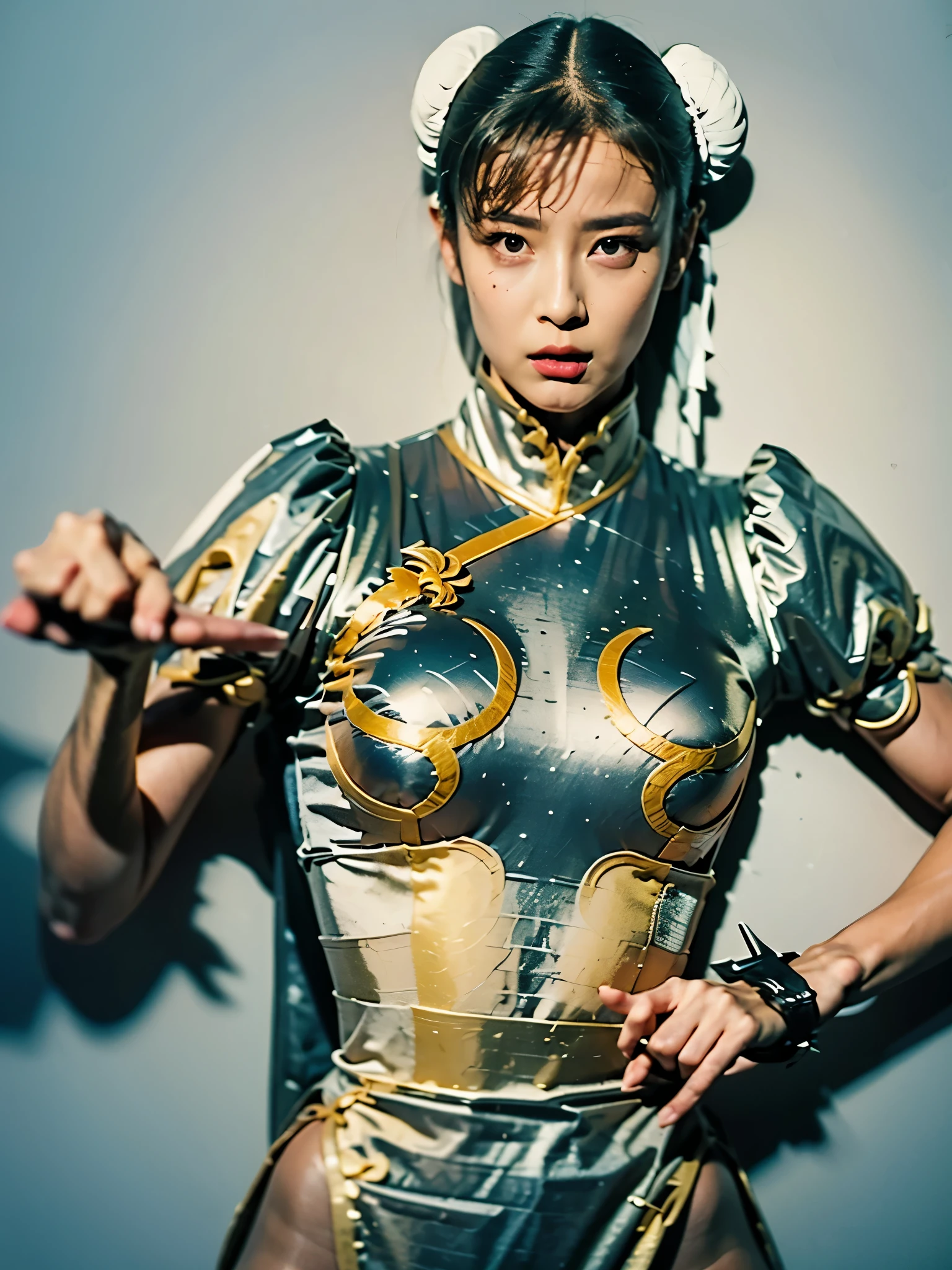 Decisive Pose, battle pose, cool, Chun Li (Silver Costume), Hyper real, Photo real, masterpiece, 8K, high image quality, Please draw the details of the face and body and costume accurately, looking at the viewer, serious expression