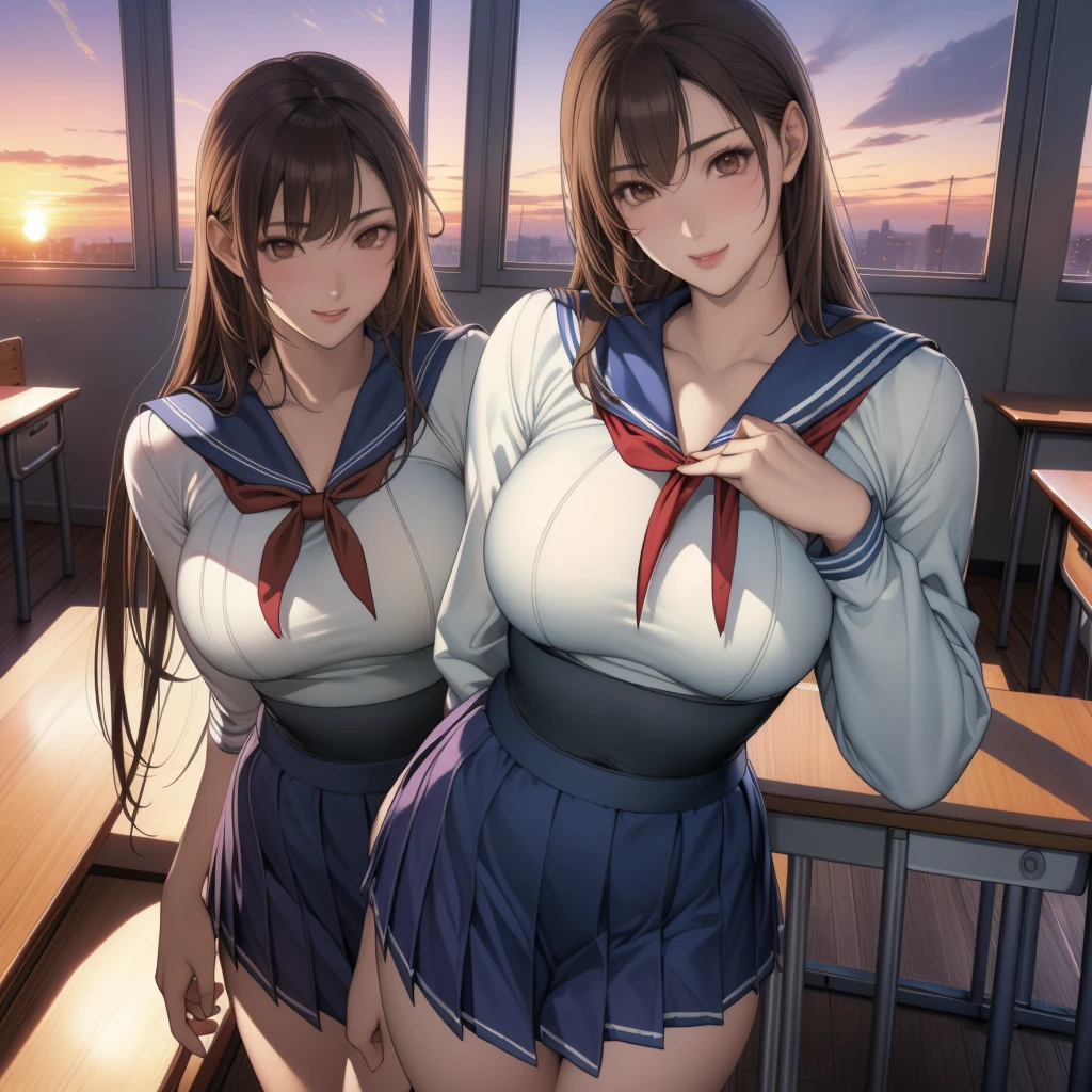 ((highest quality、High resolution))、(((2girls))), Portrait、Beautiful girl、Perfect body、beautiful ample breasts、Nipples、classroom、high school girl、Sailor suit、Embarrassed、((Lift up your skirt and show your pussy))、Love juice、I&#39;m tempting you