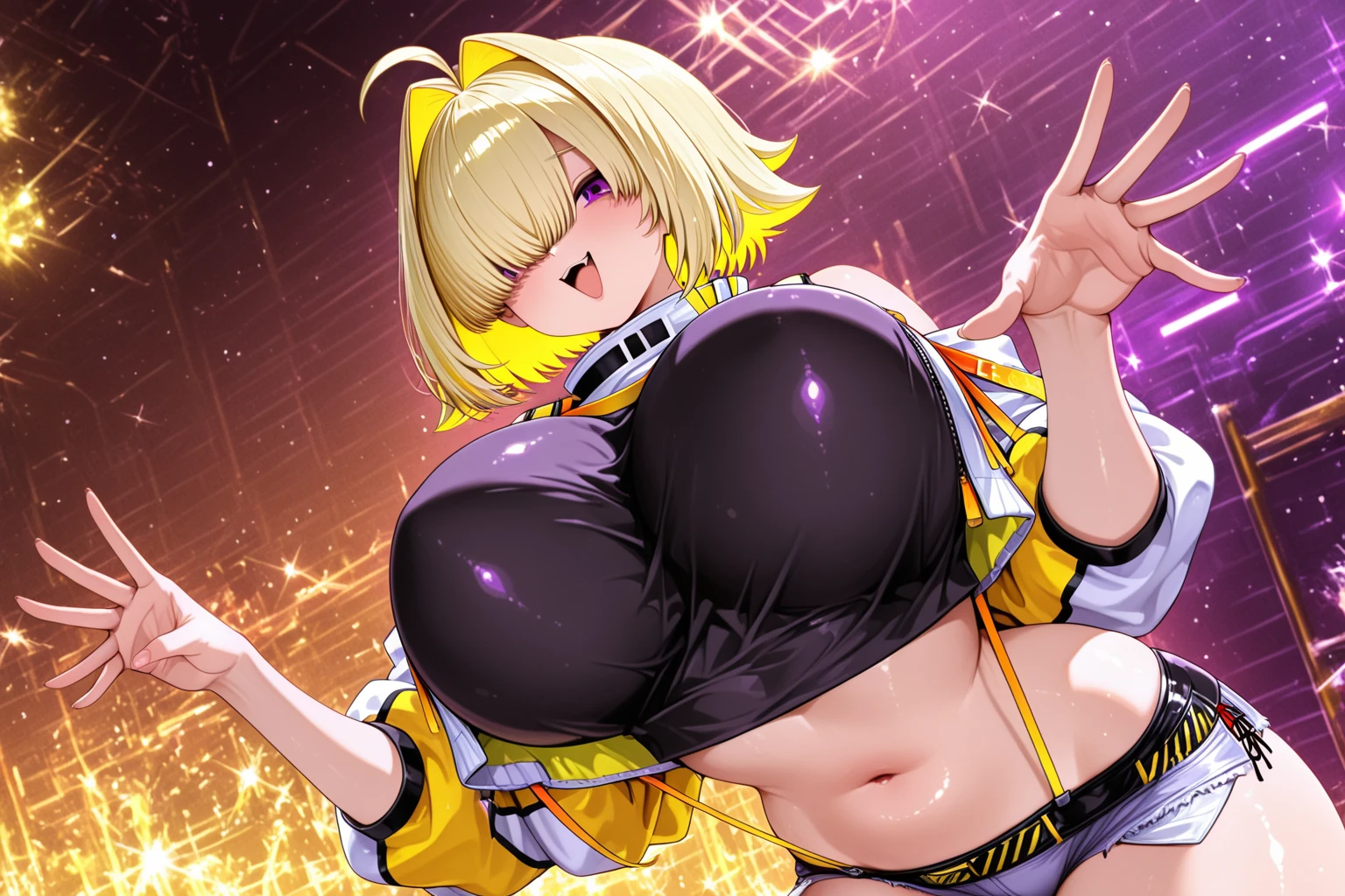 Anime illustration、highest quality、cyber punk、Diva、Kagamine Rin、Sing and dance、Night Show、Illuminated by spotlights、colorful psyllium、Perfect proportions、Live music on the stadium stage、overwhelmingly big breasts、Beautiful, shining eyes、Cowboy Shot、smile、Excessive sweating、Noise Reduction