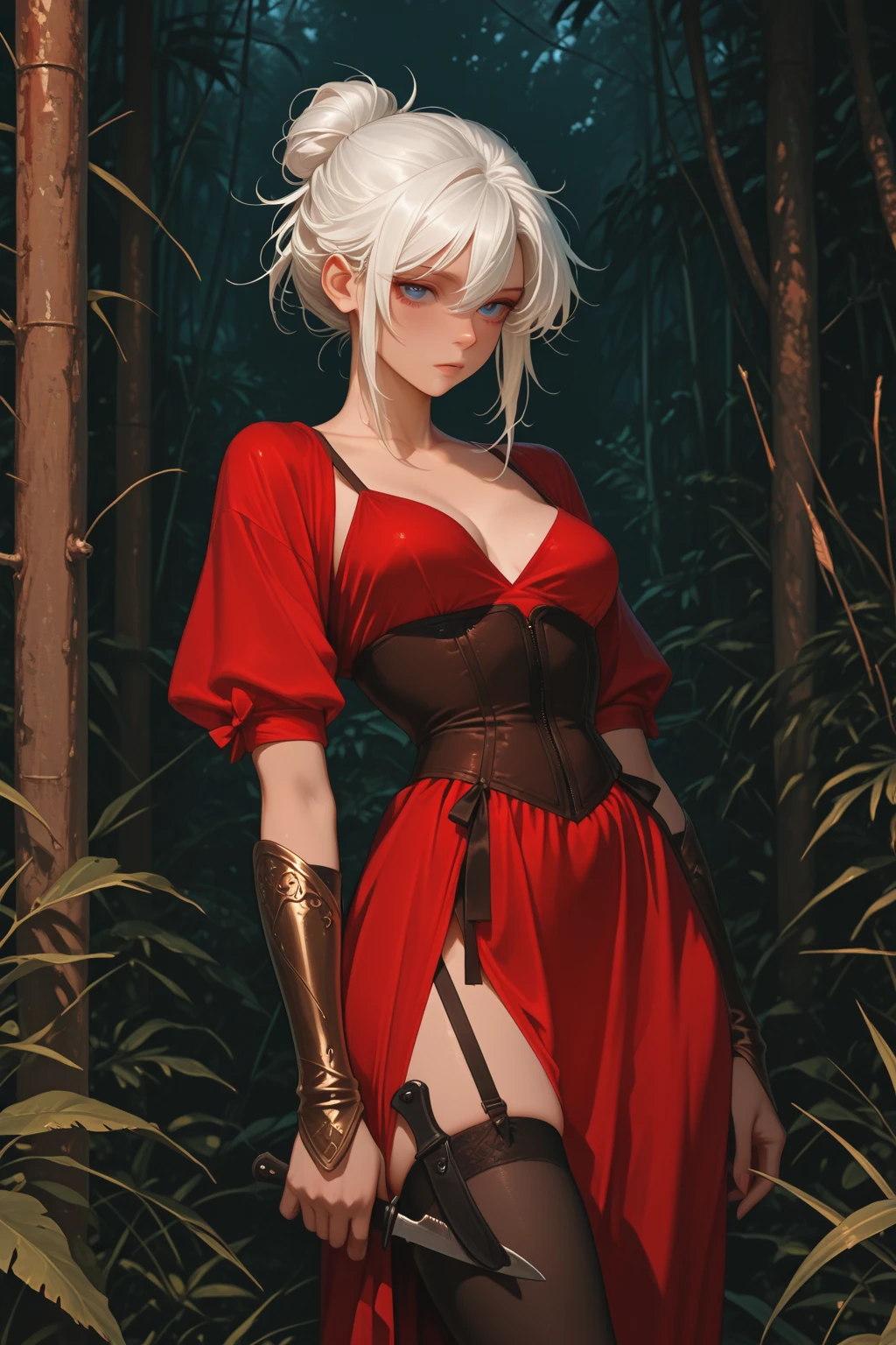 masterpiece, best quality, okita souji alter, short hair, hair bow, tassel, arm guards, red scarf, red dress, cleavage, black thighhighs, emotionless, seiza, wooden floor, house, garden, hands on own lap <lora:okitasoujialter-nvwls-v1-000010:0.9>