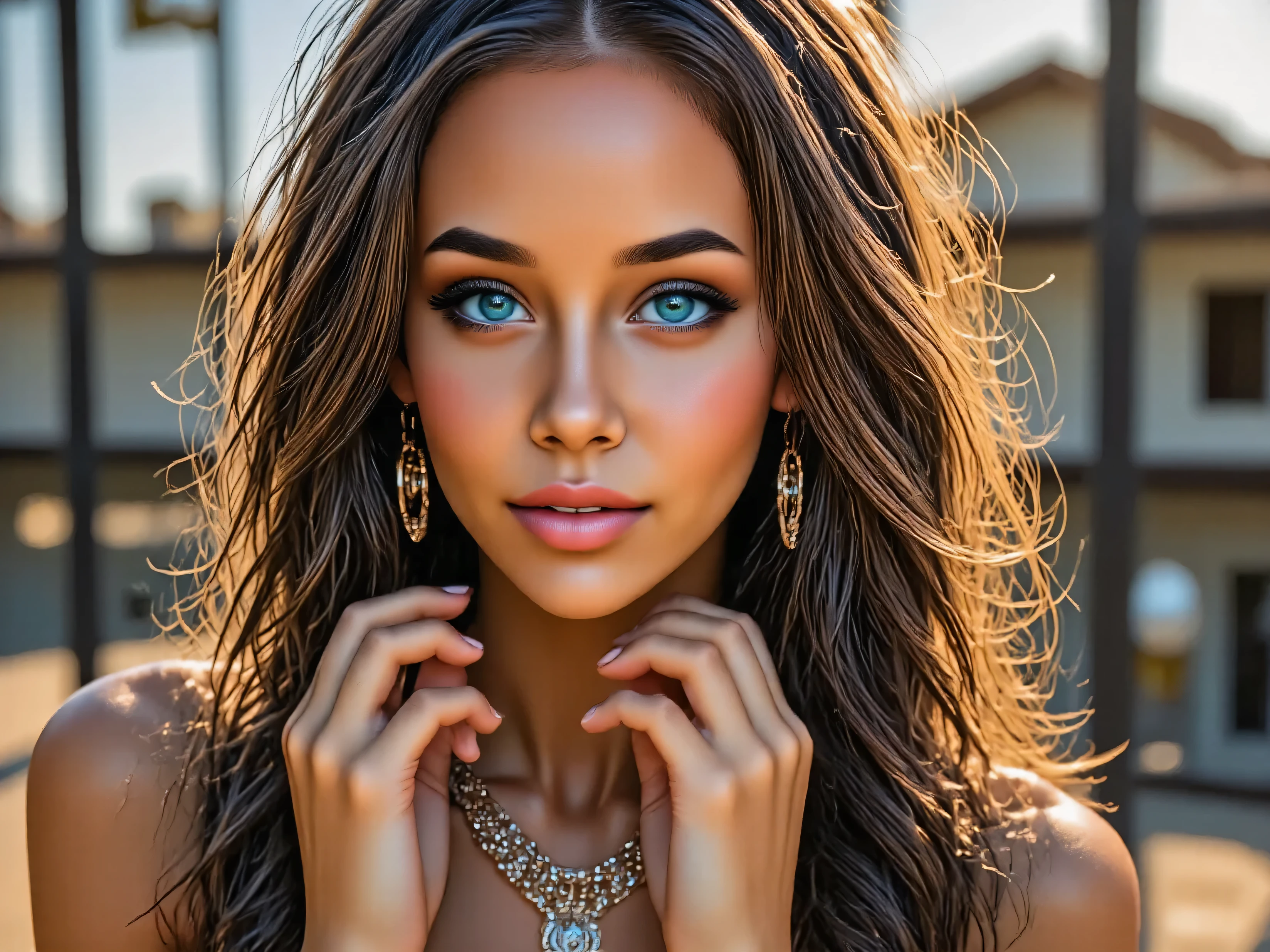 ultra-detailed portrait, synthetic beauty, medium breasts,(perfect android-human fusion:1.2), flawless figure, {high-tech tennis wear|cyber battle suit|flowing tech-dress|metallic bodysuit}, holographic hair effects, glowing circuit patterns on skin, polished chrome details, {sunset court|digital void|cyber garden|neon landscape}, sexy pose,cute smile