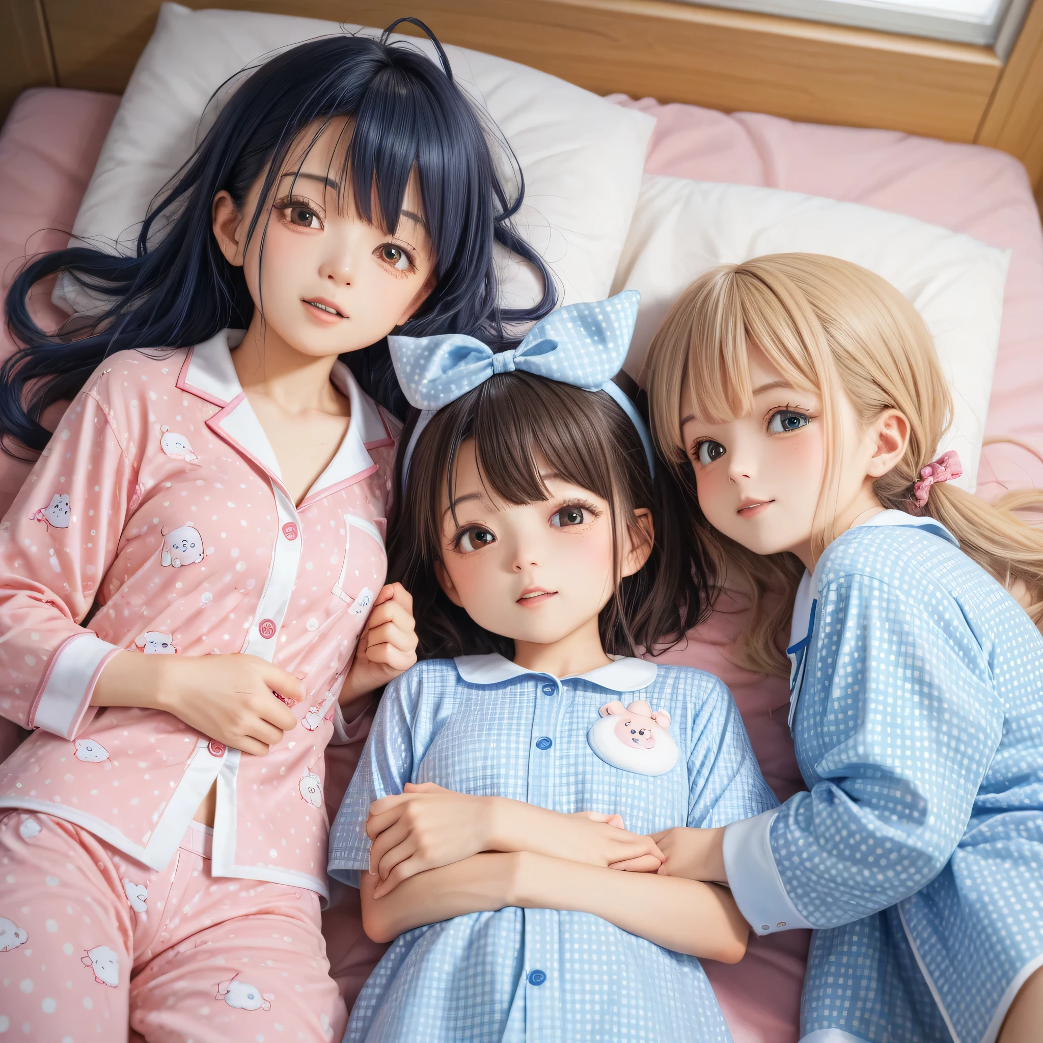 Girls' Sleepover Party♡、((3 girls))The girls are all in pajamas、3 girlsたちは恋バナで盛り上がっている、