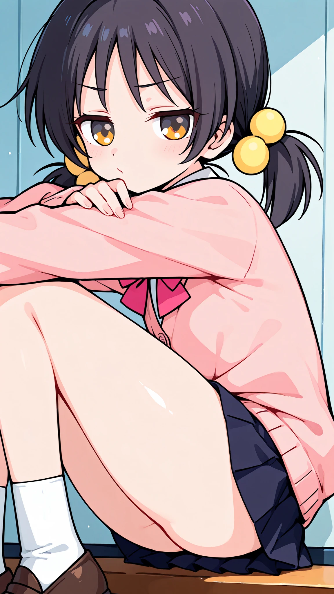 ((anime style)),nsfw,((sexy pose)),score_9, score_8_up, score_7_up, source_anime,high quality,detailed,high resolution,best quality,best detailed girl,masterpiece, 1girl , ((solo)),Kaai Yuki, a girl with dark hair, twin pigtails,cartoon-style outfit, light pink cardigan with a dark pink bow tie, ((((((black mini skirt)))))),(((white short sox))),(brown loafers),Art, Artstyle, Artist,(((((((A glimpse of her thighs))))))),((fair skin))