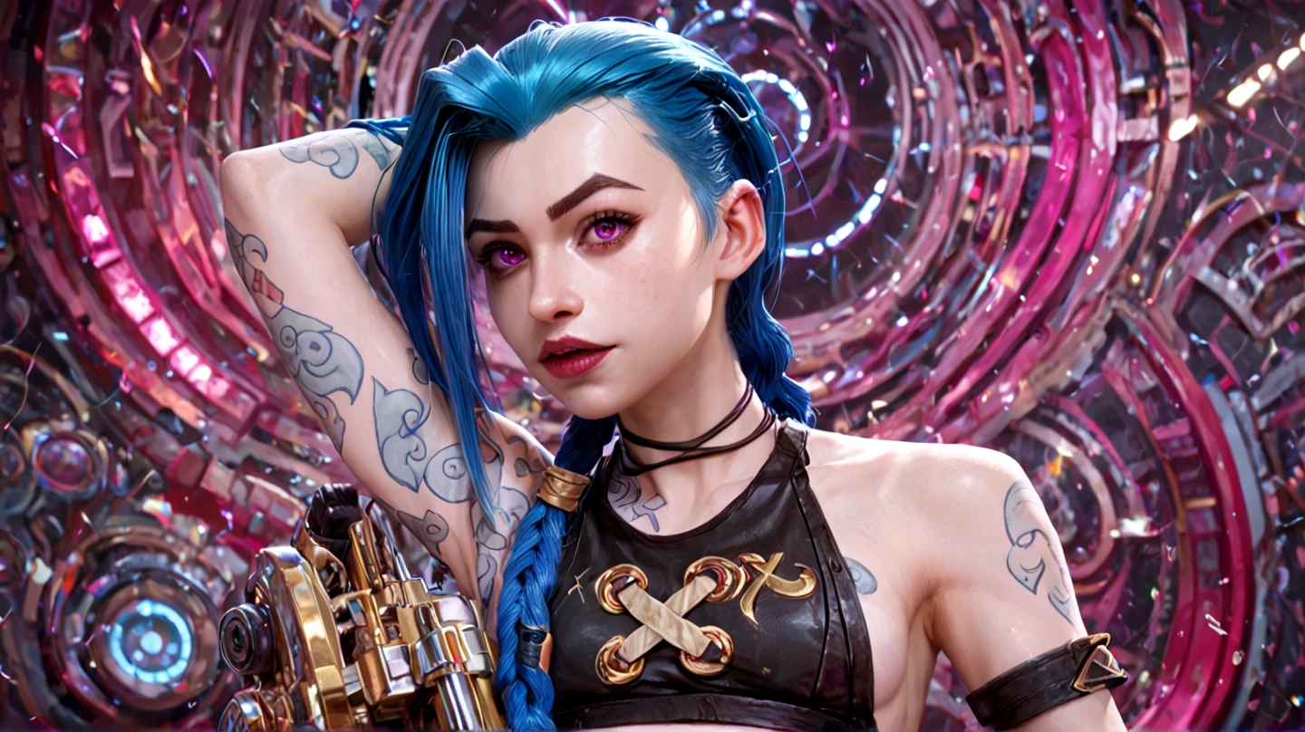 Masterpiece, Jinx from Arcane, intricately detailed background, (UHD, 8K wallpaper, High resolution), Cinematic lighting, award-winning, extremely detailed skin, extra detailed face, high detail eyes, photo-realistic, Zeiss 85 mm F/1.4, by Ellen von Unwerth