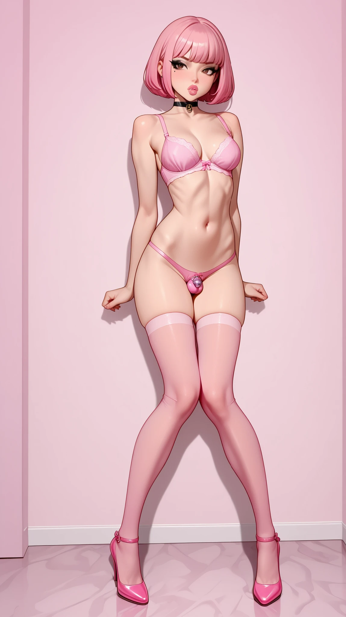 high quality、high resolution、masterpiece、Official Art、Safe at Work、masterpiece、Beautiful African female idol,Browsing Caution,Dark Skin,
,Captivating smile,(Sensual:1.5),
Thin legs、On all fours、focused on the chest,(Excessive ejaculation:1.2),
(Shiny Pink Nurse:1.3),Glossy latex tights,Bottomless,High heels,
(Pink Bed 1.5),