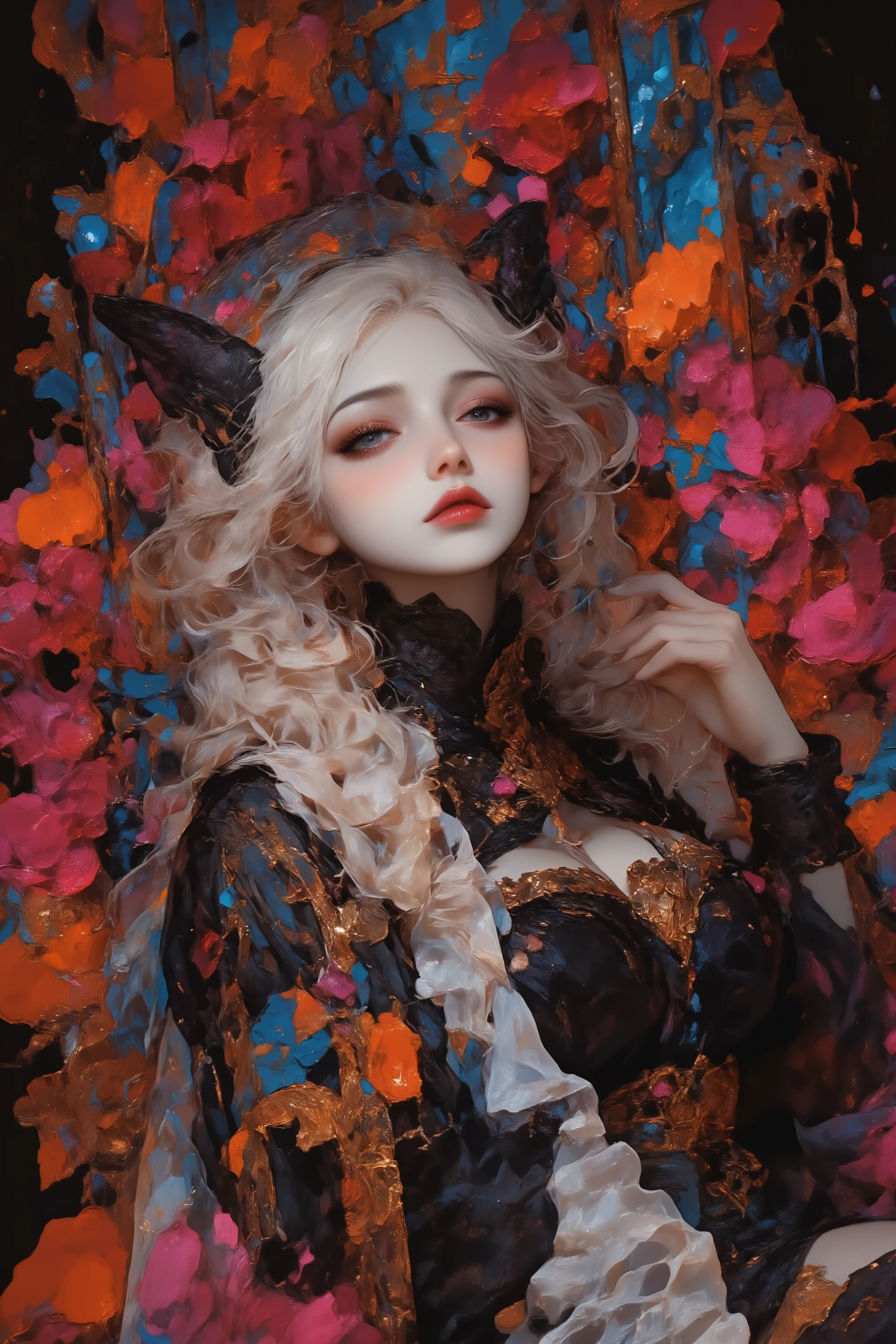 dramatic portrait, fantasy, advanced contemporary artist mode, Gothic_girl, 1girl, innovative abstract floral graphic designs, queen, laying down, mouth open, water theme, ornate dress, bride, pillar of color, perfect hands, nouveau rococo