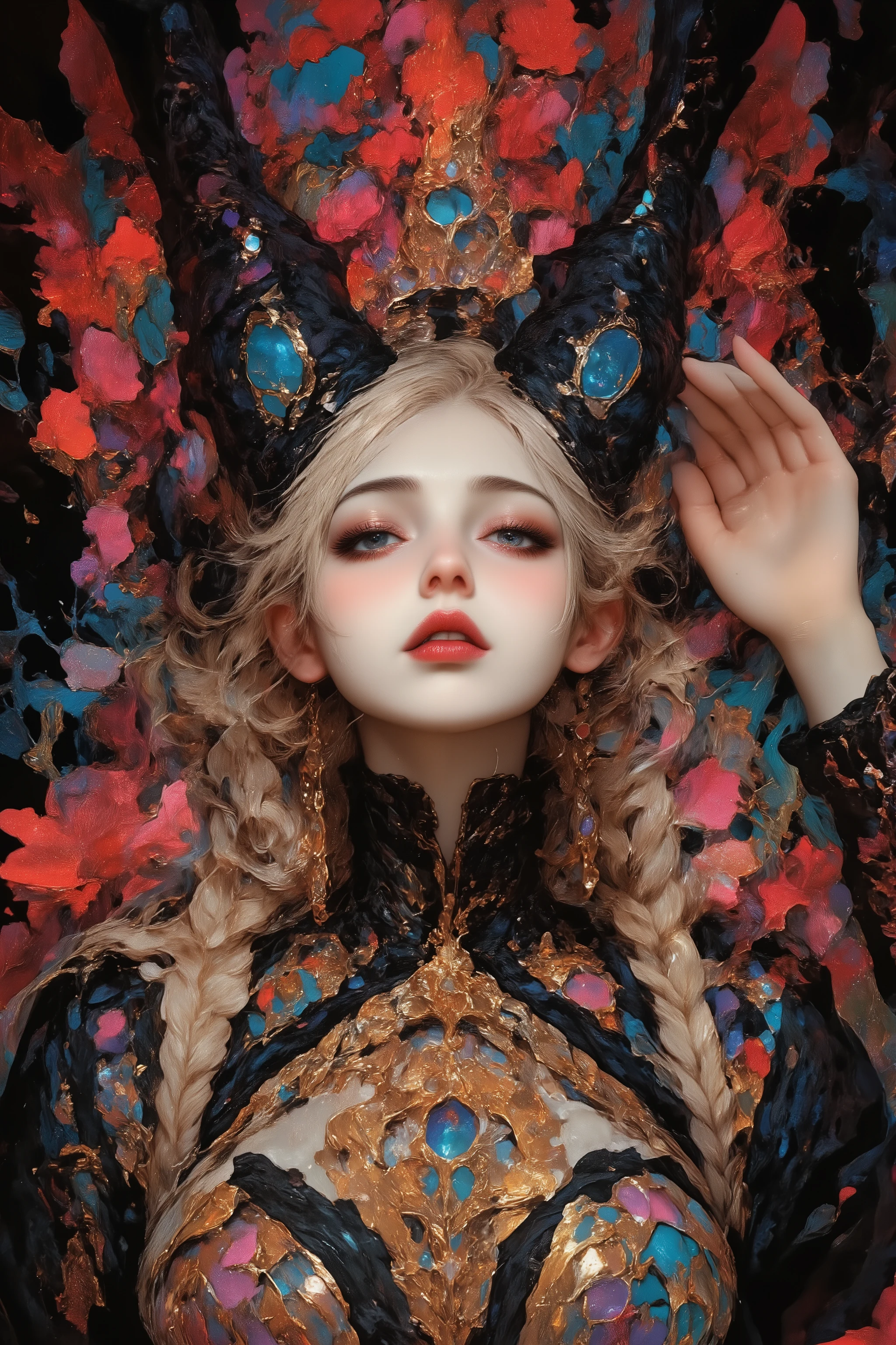 dramatic portrait, fantasy, advanced contemporary artist mode, Gothic_girl, 1girl, innovative abstract floral graphic designs, queen, laying down, mouth open, water theme, ornate dress, bride, pillar of color, perfect hands, nouveau rococo