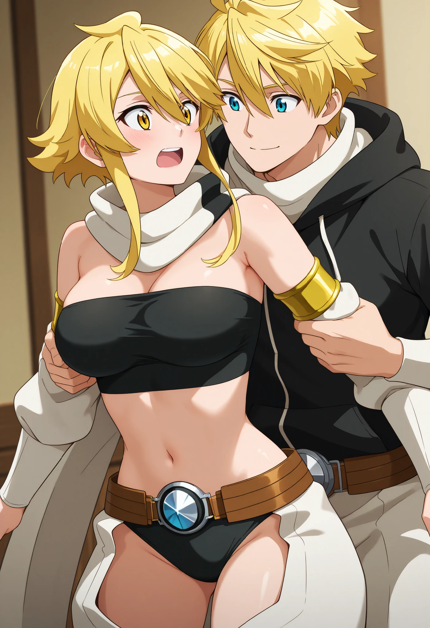 best quality, masterpiece, couple, romantic couple, male and female, Arthur Pendragon, blue eyes, black hoodie, blonde, carry Leone in his arms, his expression soft yet determined. Leone gazes up at him in awe, feeling completely safe and cherished. aaleone, short hair, blonde hair, yellow eyes, white scarf, strapless, black tube top, detached sleeves, midriff, belt, black panties, chaps, white pants, short-haired blonde with piercing yellow eyes