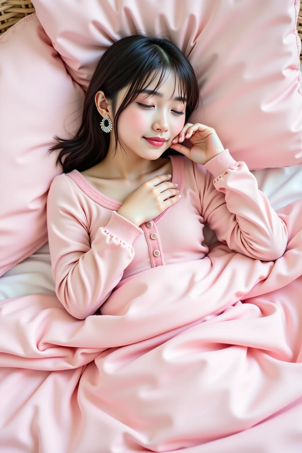 girl sleeping、22 years old、逼真、She wears long pants、Wearing pink pajamas、Has black hair。