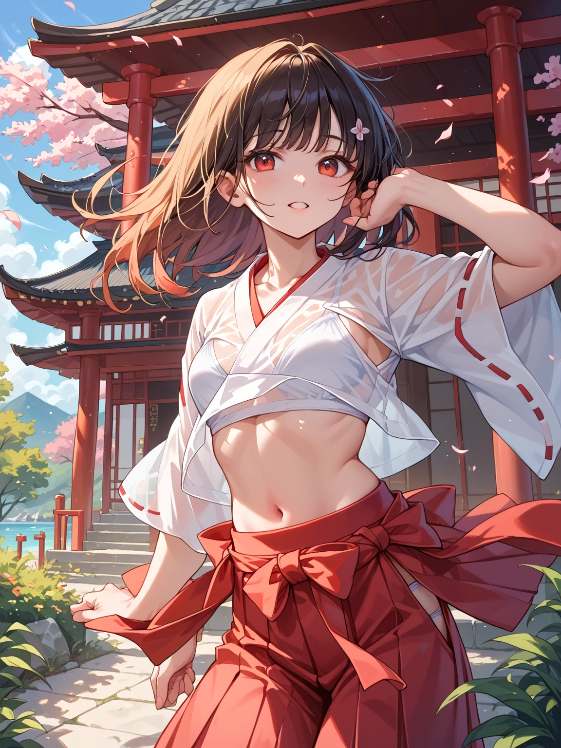 High resolution、photorealistic、very delicate and beautiful、delicate details、white skin、1 girl、japanese young girl、((dancing kagura))、(Japanese dance)、(shrine maiden outfit )、(red hakama)、((Don&#39;t take off the girl&#39;s clothes))、small face、slim body、delicate body、thin arms、perfect hands、thin legs、perfect legs、((very young face))、perfect proportions、(in the sacred place of the shrine)、(torii)、((shrine maiden))、(front、angle from below)、smile