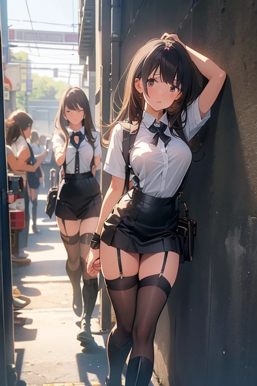 brown hair、looking at the viewer suspenders Bulging big breasts Black miniskirt garter belt knee high socks Gaze small face bangs Beauty hands up Gaze black boots provocation armpit sweat one person put your hands behind your back cutter shirt Panty shot