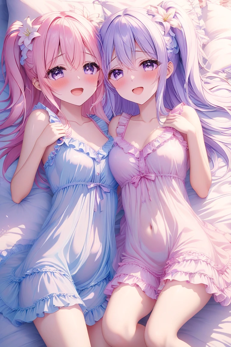 ((2girls, for two)), ((petite kawaii, bishojo)), ((kawaii face)), ((kawaii puffy eyes)), ((masterpiece)), ((best quality)), ((ultra detailed)), ((8k)), ((depth)), ((exquisite)), ((crisp)), ((highres)), ((high standard)), ((beautiful and aesthetic)), (super detailed skin), (perfect anatomy), (lipstick), (nose blush), (strap slip), (bare foot), (big bow in hair), (one room), (one eye closed), (armpits)