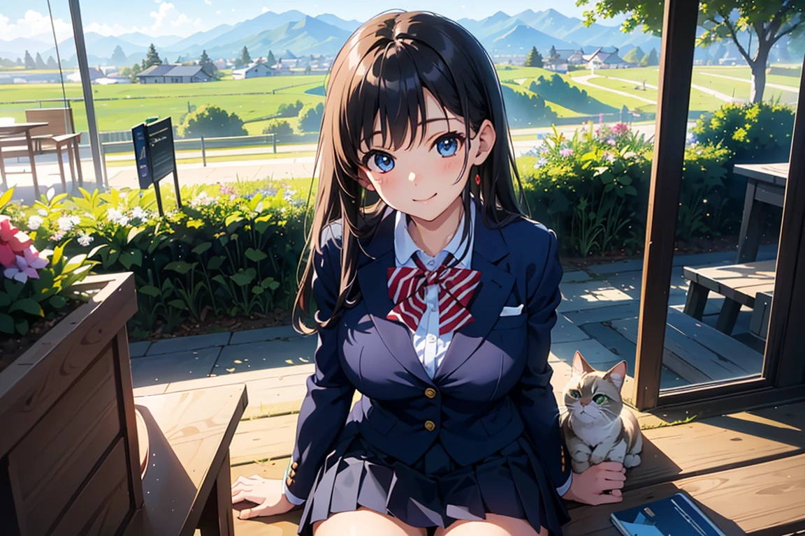 yukinoyukinoshita, yukino yukinoshita, 1A woman and a calico cat,black hair, blue eyes, long hair, Ahoge,blush,smile,幸せな雰囲気
break blazer, cardigan, Jacket, plaid, plaid skirt, school uniform, skirt, sobu high school uniform,squatting down and playing with the cat,
break outdoors, residential street,
break (masterpiece:1.2), highest quality, High resolution, unity 8k wallpaper, (figure:0.8), (detailed and beautiful eyes:1.6), highly detailed face, perfect lighting, Very detailed CG, (perfect hands, perfect anatomy),