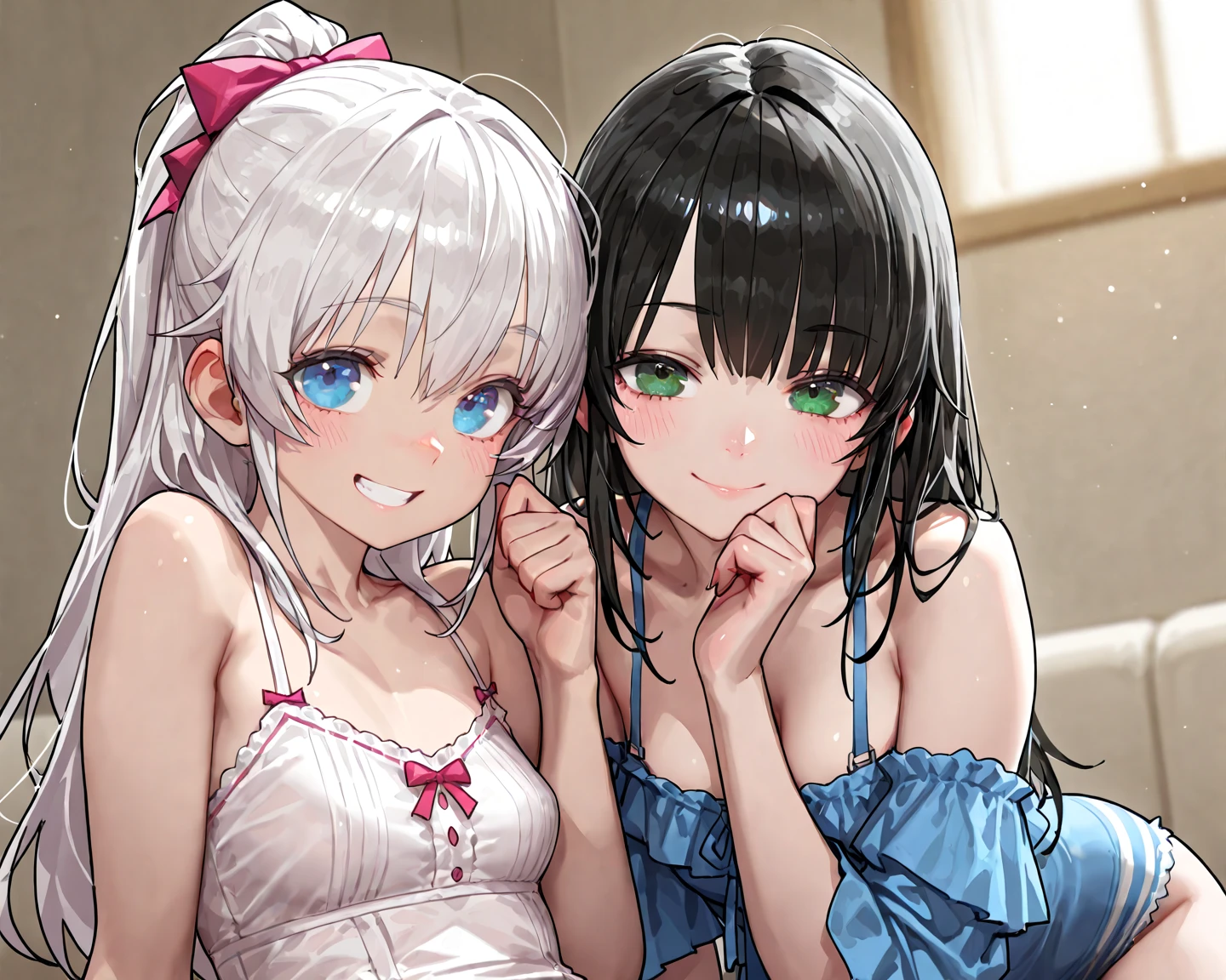 front view,2girl,Beautiful girls aged 11 and 11,two people standing side by side,Japanese,Small and slim,Flat Chest,Small breasts,Baby Face,Small face,Row Twin Tails,Black eyes,Drooping eyes,middle School girls,negligee,lingerie,open mouth,tongue out,front face,Kneeling and sitting,Beautiful and detailed anime art,puzzled look,front view,high angle, looking at viewer, looking ahead, from above,face focus,Sexy vibe,cum on tongue,Dimly lit room,On the bed