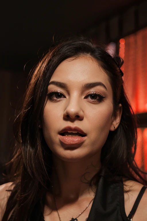 (photorealistic:1.3), jodi, 8k, best quality, (dark street at night, in natural lightning), (extremely detailed eyes and face), upper body, (long brown hair), (film grain), an extremely delicate and beautiful, (perky breasts), looking at viewer, brown eyes, professional photo, (lomography color 400), <lora:xelor_quarterjade_v1.0:1>