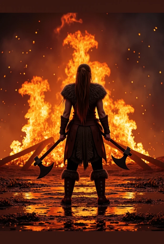 A woman with red hair and armor standing in front of a fire JoeMAD2023,1girl, Red_Monica_v2, large breasts, action pose, 8k, uhd, best quality, cartoon, armor, trending on artstation, vibrant colors, epic fantasy, comic style,red hair, ancient city, toned body, abs,