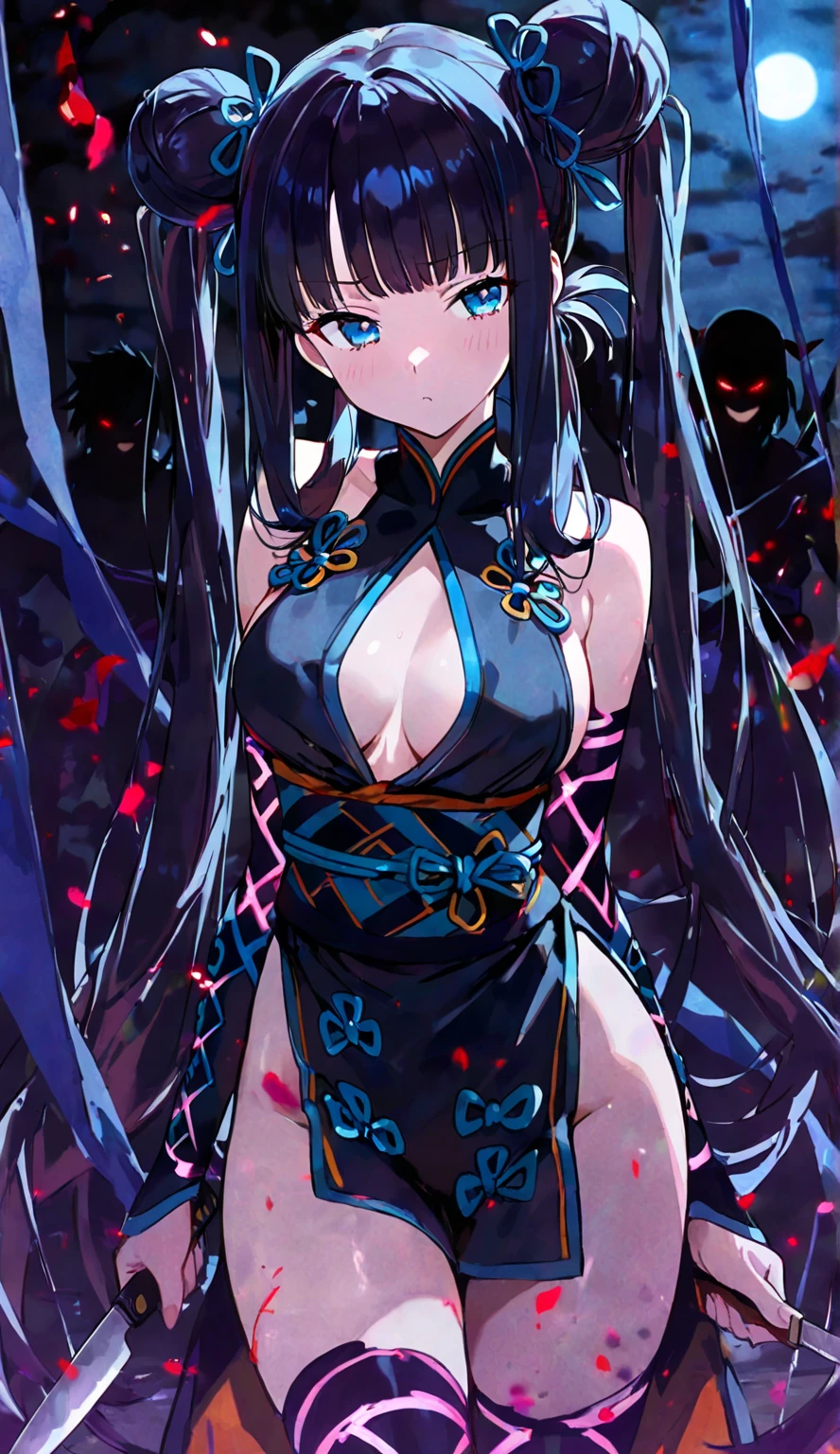 female ninja、Bare arms、sexy  pose、Long hair、Exposed cleavage