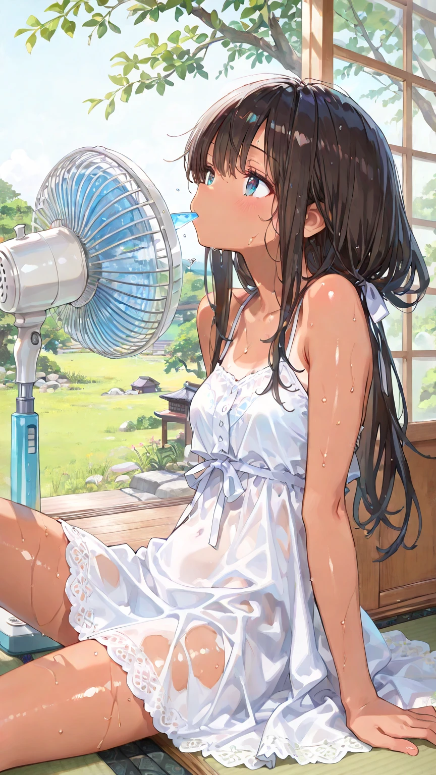 absurdres, highres, best quality, <lora:electric-fan:1> electric fan, 1girl, long hair, wind, clothes lift, frilled panties, closed eyes, open mouth, indoors, sunlight, large breasts, open door, sweat, sweatdrop, cloud, from below,