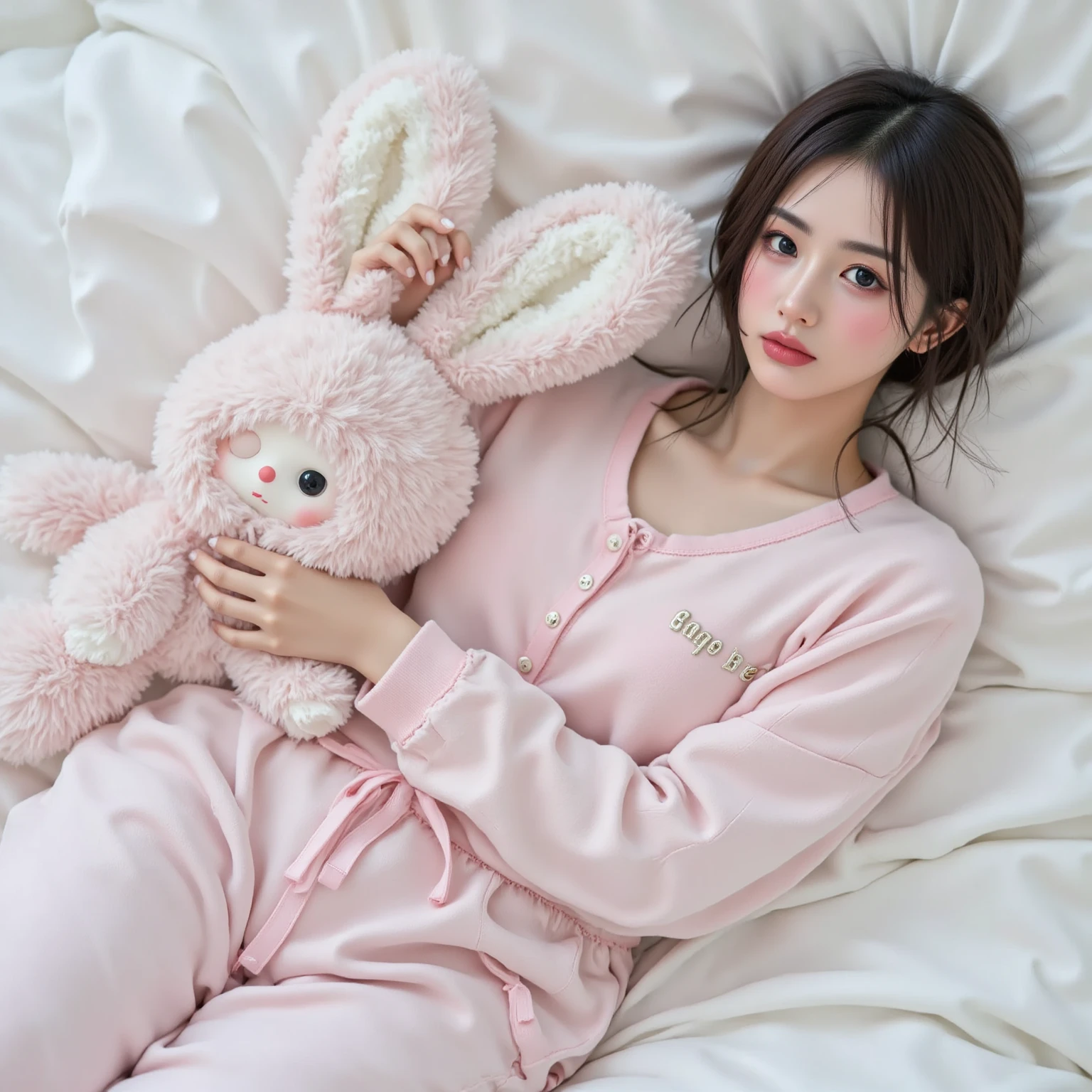 Hello Kitty pajamas sitting in her room with a stuffed animal