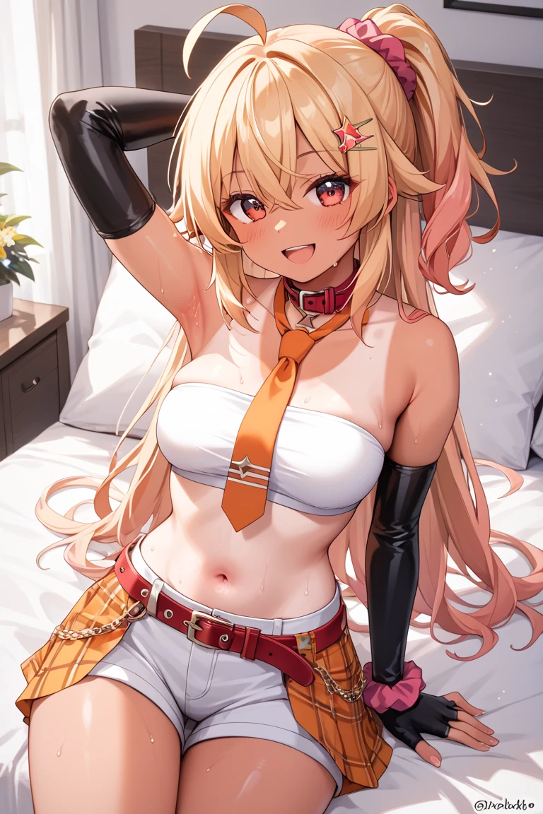 One Woman、Cute Woman、Thighs、Best image quality、High resolution、masterpiece、super high quality、Spread your legs、Pink Bra、black lace panties、Big Ass、Big 、Blushing、4K quality、Blushing、Proud face、wearing black pantyhose、bed、Spread your legs wide、Panty Shot、Very short pleated skirt、Sweaty all over、Heavy breathing、My breasts are bouncing up and down、heart、A mean look、Low - Angle