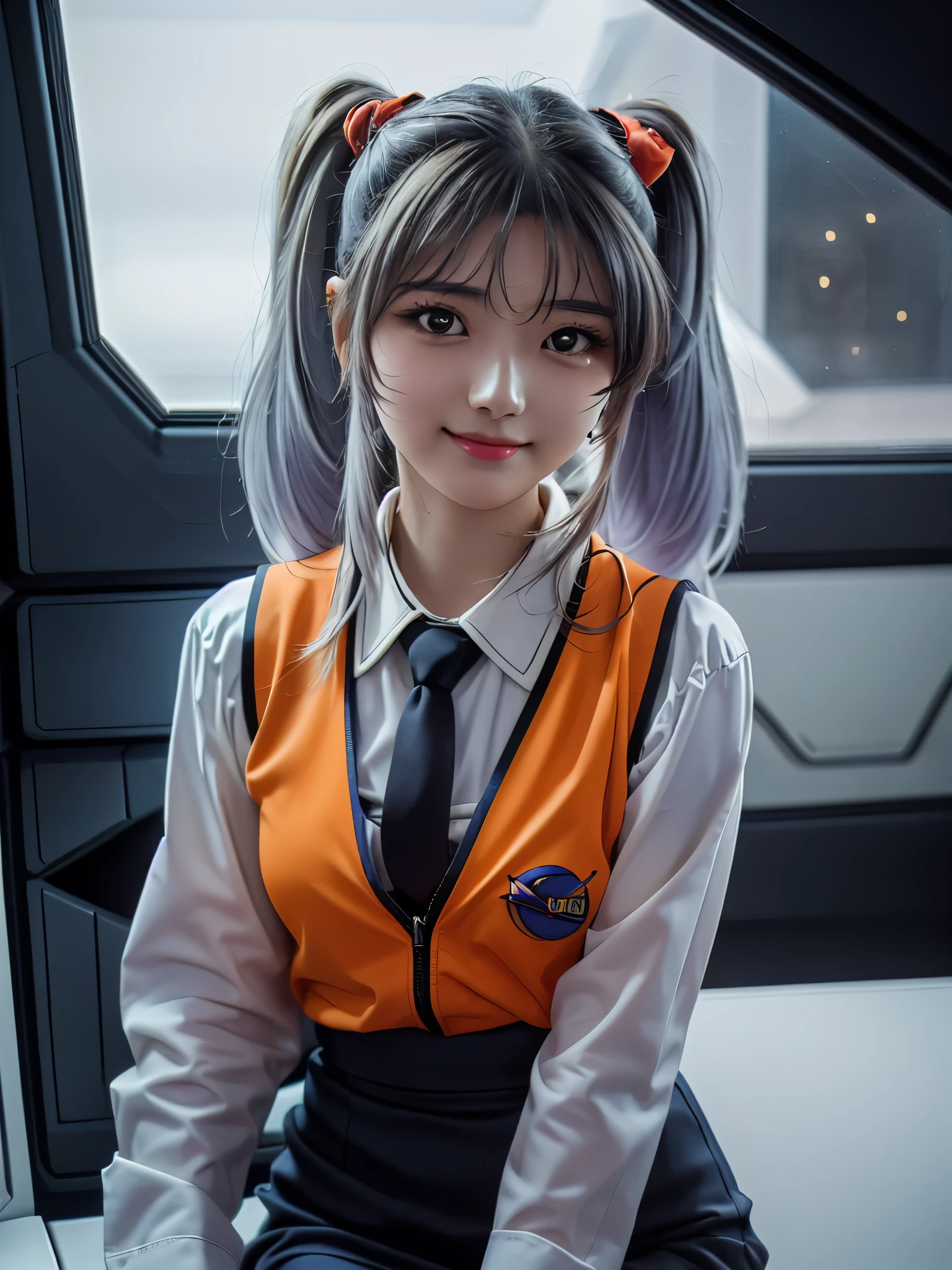 1girl, solo, 16 years old, beautiful girl, Japanese girl, (smile, Looking at camera),
upper body, dynamic angle,
BREAK
RH, shirt, white shirt, long sleeves, stick tie, black tie, vest, ((orange vest)), sleeveless vest, black skirt, tight skirt,
BREAK
hoshino_ruri_(nadesico), yellow eyes, (light White Purple hair:1.2, twintails, red hair ornament),
BREAK
(((spacecraft, space, indoors, mecha, Mars is visible outside the window.))),
(masterpiece, best quality:1.4), (8k, raw photo, photo realistic:1.2), cinematic lighting, soft lighting, shiny skin, detailed skin, detailed face, detailed eyes, (textured skin, skin pores:1.1),
pale skin, fair skin, photo of perfecteyes eyes, perfecteyes eyes,
