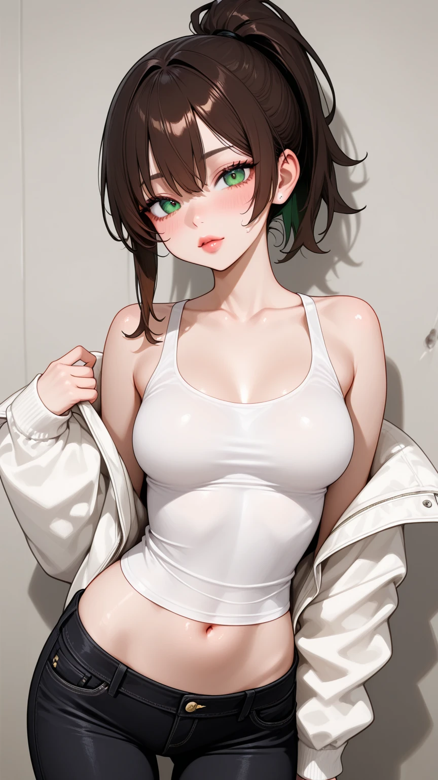 cute young girl with slender body and short brown hair, Gray-green eyes, thick ??? and legs, flat ??????, flat ????, white bra, white panties in the form of shorts, black stockings