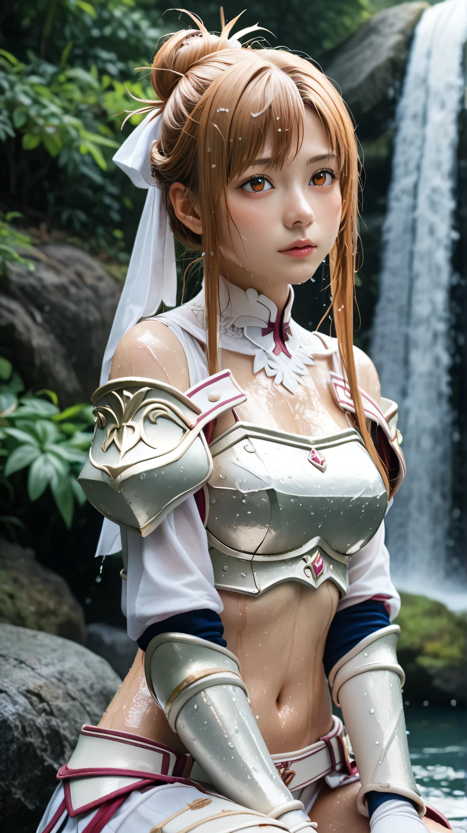 1girl, solo,asuna yuuki,orange eyes,outdoors,potrait,forest,medium breast, navel,(waterfall background:1.4),uder waterfall,(wet body:1.5),(Bangs:1.3),(wear armor:1.5),parted bangs,close up,sitting on Boulder,hair ribbon,(hair bun:1.5),long hair
