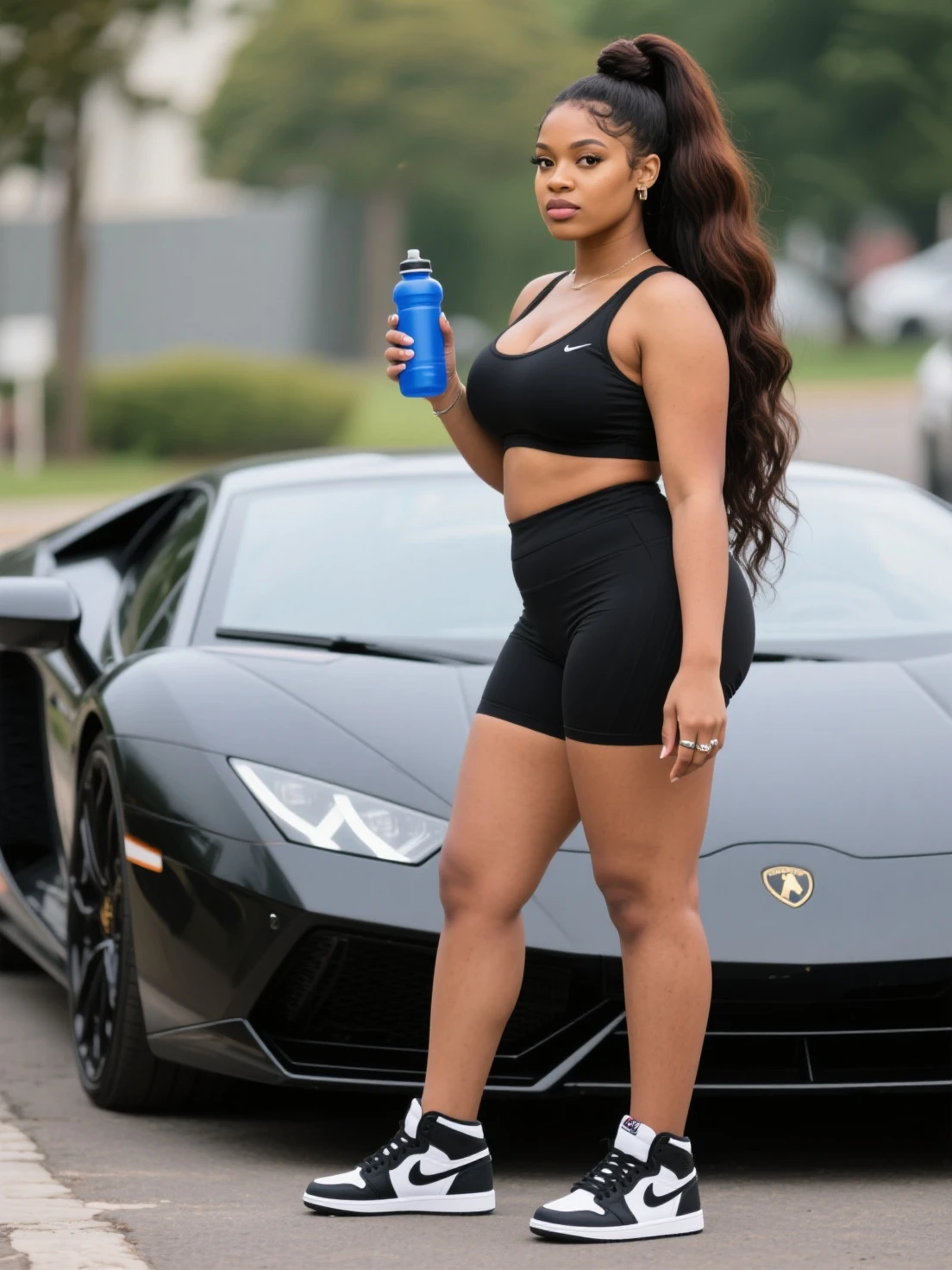 A woman sits on the ground next to a blue SUV.