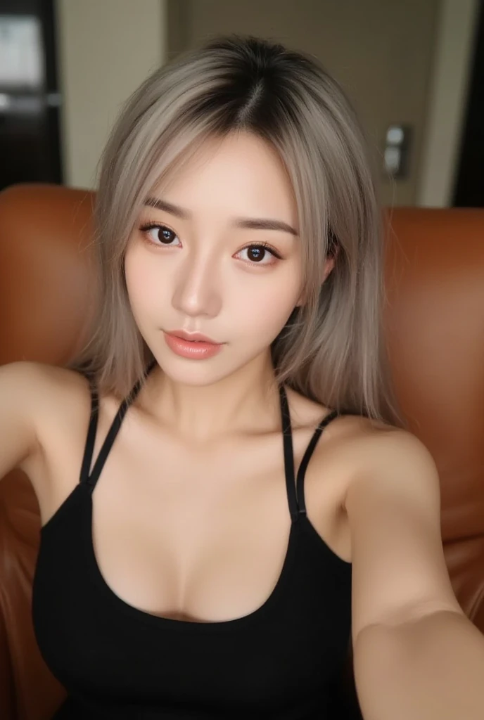 (realisitic, A high resolution:1.3), 1 girl with a perfect body, super fine face and eyes,long black hair, Random color tank top:1.2, Yoga pants for, big boobies,Does not expose cleavage, blonde hair, with a headset