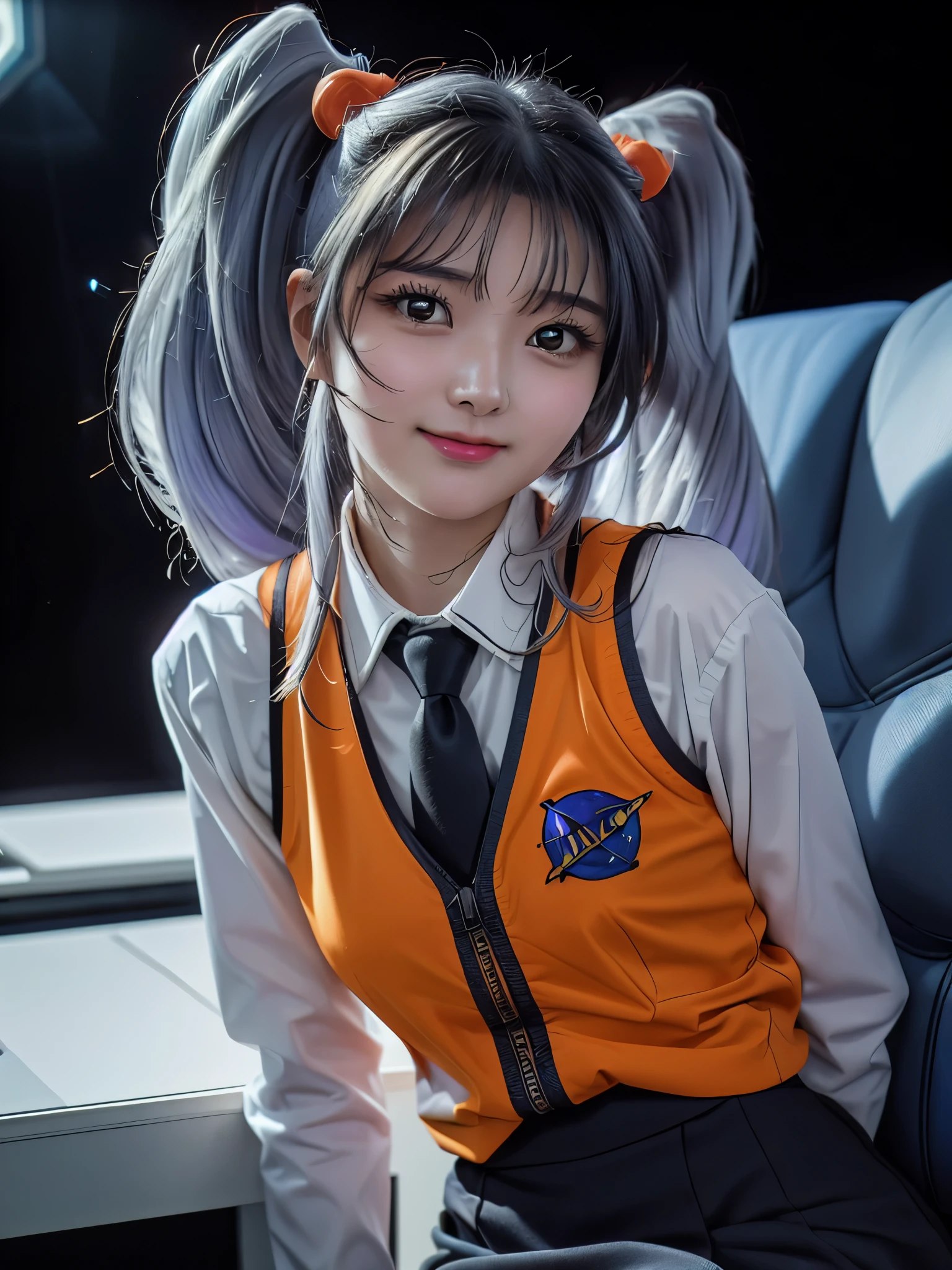 1girl, solo, 16 years old, beautiful girl, Japanese girl, (smile, Looking at camera),
upper body, dynamic angle,
BREAK
RH, shirt, white shirt, long sleeves, stick tie, black tie, vest, ((orange vest)), sleeveless vest, black skirt, tight skirt,
BREAK
hoshino_ruri_(nadesico), yellow eyes, (light White Purple hair:1.2, twintails, red hair ornament),
BREAK
(((spacecraft, space, indoors, mecha))),
(masterpiece, best quality:1.4), (8k, raw photo, photo realistic:1.2), cinematic lighting, soft lighting, shiny skin, detailed skin, detailed face, detailed eyes, (textured skin, skin pores:1.1),
pale skin, fair skin, photo of perfecteyes eyes, perfecteyes eyes,