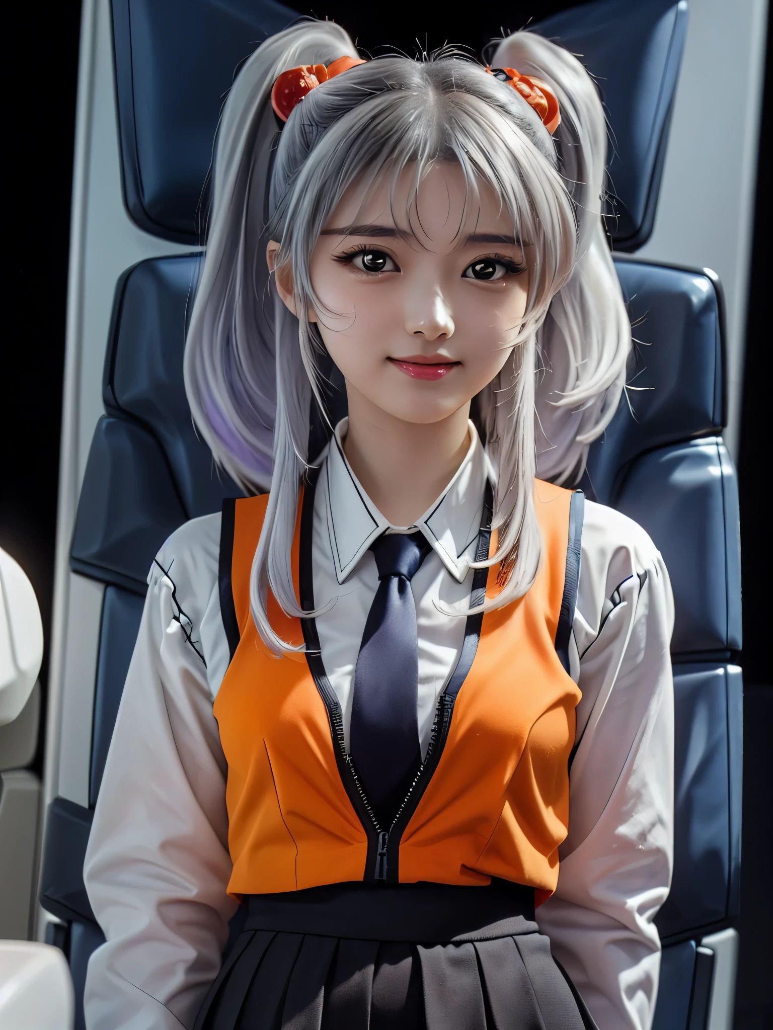 1girl, solo, 16 years old, beautiful girl, Japanese girl, (smile, Looking at camera),
upper body, dynamic angle,
BREAK
RH, shirt, white shirt, long sleeves, stick tie, black tie, vest, ((orange vest)), sleeveless vest, black skirt, tight skirt,
BREAK
hoshino_ruri_(nadesico), yellow eyes, (light White Purple hair:1.2, twintails, red hair ornament),
BREAK
(((spacecraft, space, indoors, mecha))),
(masterpiece, best quality:1.4), (8k, raw photo, photo realistic:1.2), cinematic lighting, soft lighting, shiny skin, detailed skin, detailed face, detailed eyes, (textured skin, skin pores:1.1),
pale skin, fair skin, photo of perfecteyes eyes, perfecteyes eyes,