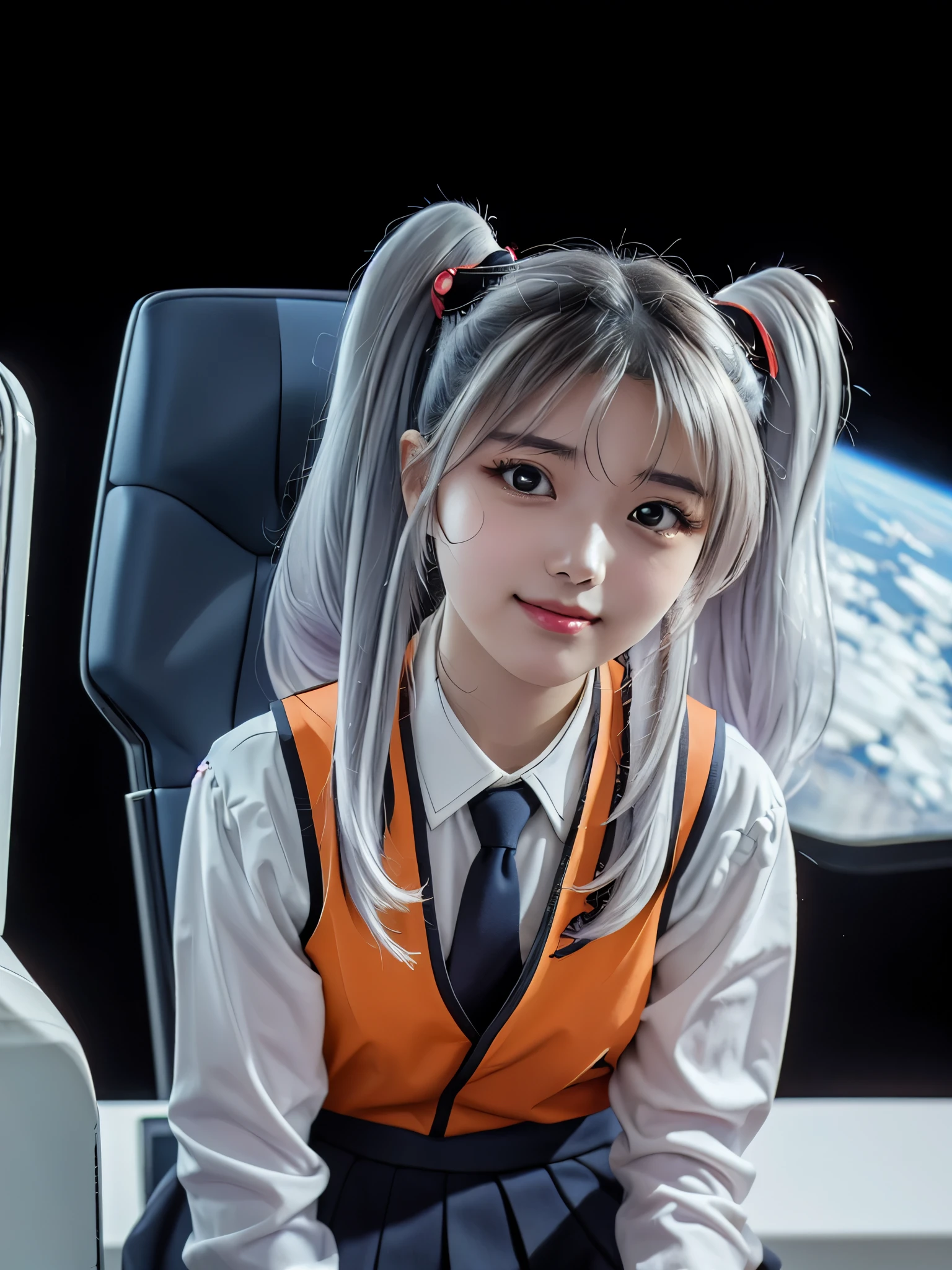 1girl, solo, 16 years old, beautiful girl, Japanese girl, (smile, Looking at camera),
upper body, dynamic angle,
BREAK
RH, shirt, white shirt, long sleeves, stick tie, black tie, vest, ((orange vest)), sleeveless vest, black skirt, tight skirt,
BREAK
hoshino_ruri_(nadesico), yellow eyes, (light White Purple hair:1.2, twintails, red hair ornament),
BREAK
(((spacecraft, space, indoors, mecha))),
(masterpiece, best quality:1.4), (8k, raw photo, photo realistic:1.2), cinematic lighting, soft lighting, shiny skin, detailed skin, detailed face, detailed eyes, (textured skin, skin pores:1.1),
pale skin, fair skin, photo of perfecteyes eyes, perfecteyes eyes,