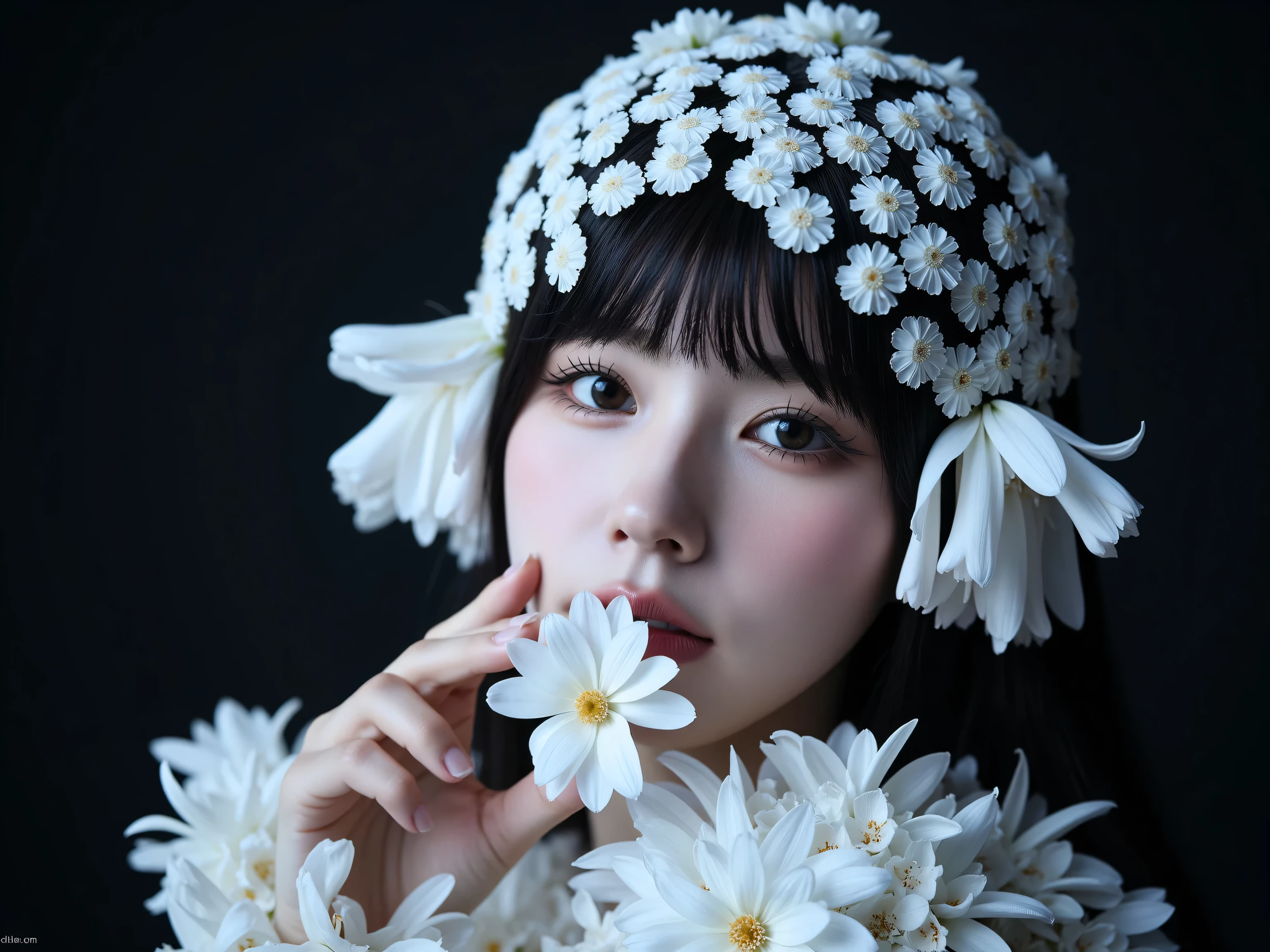 1girl looking at viewer, white style, dark fantasy atmosphere, intricate floral details, dark background,
(8k, RAW photo, photorealistic:1.3), ultra high resolution, cinematic depth of field, realistic lighting, natural shadows,
(lip gloss, long eyelashes, glowing face, luminous skin texture, Kpop idol style), serene and divine happiness,
made of flowers, floral patterns on body, (smelling a white flower:1.5),
((skin made of small white flowers, face made of flowers:2.0)), pale skin,
((white long blunt bangs covering the eyes:1.8))