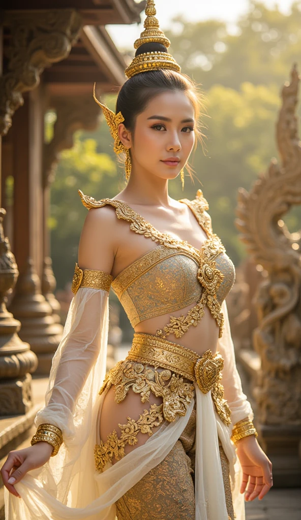 A meditation Goddes, detailed Thailand girl face, (extremely detailed intricate mechanical tiara :1.2), made from gold, (reflection:1.1),  bright skins, (claping hands), intricate detail, best quality, natural lighting, blue sky and clouds,  long black hair, intricate attire, golden gears clothing, grinning, tilted head, bare navel, bright eyes, intricate hair, intricate clothing, puffed breasts, ample cleavage, ((full body shots)), bokeh