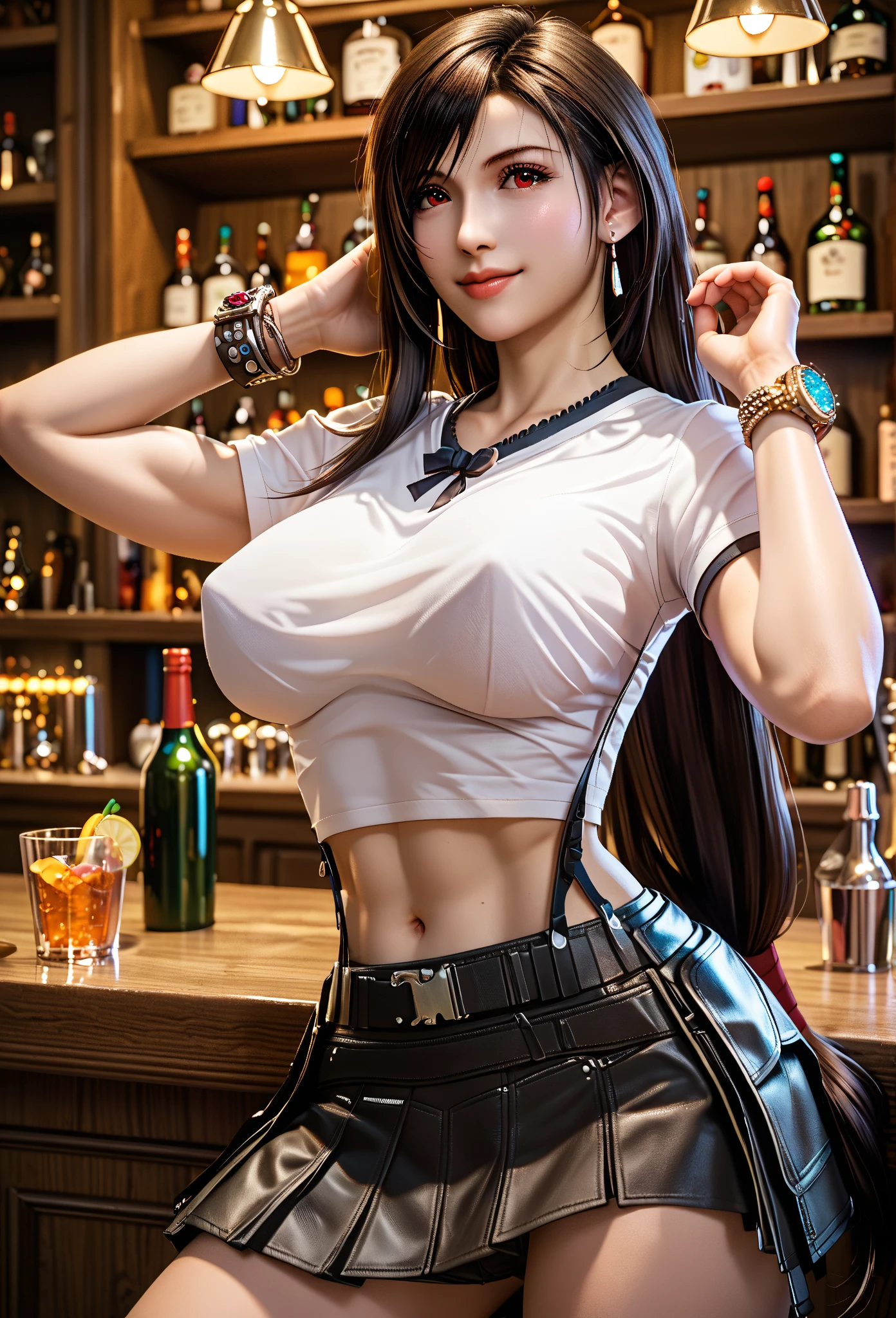 nsfw, (shirt lift:1.5), (((showing nipples:1.3))), ((spread pussy:1.4)), (top quality, masterpiece), (((FF7,Tifa_lockhart))), rocket tits, (((suspender, tank tops, A dark-haired, length hair, elbowgloves))), ((Beautiful detailed red eyes)), (Beautiful highlights of red eyes)), Facial light, navel, High exposure, (((tight mini-skirt))), Exposure of the abdomen. ribs, abs, nsfw, ((showing nipples)), ((spread pussy:1.4)), (solo), (bar counter), (back bar), (Bottles of liquor all over the wall:1.5), wall shelf, Ultra-detailed face, (((FF7,Tifa_lockhart))), (black brown hair, big breast:2.0),nsfw, ((showing nipples)), about 18 years old,kawaii, (seductive smile:1.3), nsfw, ((showing nipples)), 