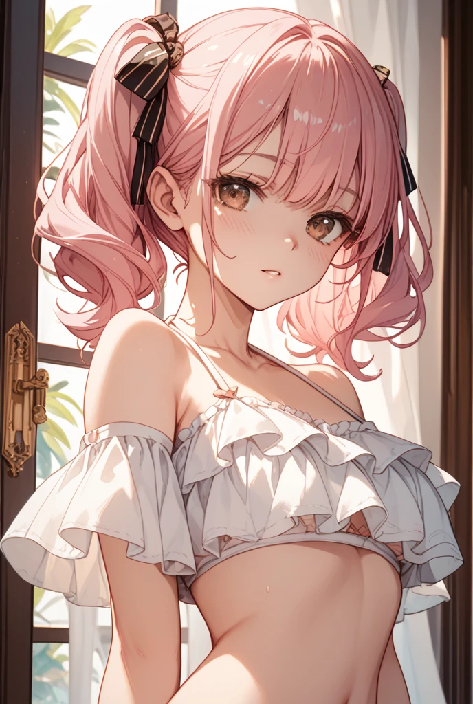 14years, 1girl in, (1boy, POV:1.3), (Upright straddle, girl on top, sitting on lap), close-up ,Adorable, japanaese girl,   (White camisole:1.1), cleavage , (Smile:1), hair scrunchie, Twin-tailed  , (High color saturation,catchlight:1.0),  (highlydetailed skin), (Best Quality:1.0), (超A high resolution:1.0) ,(photographrealistic:1.0), (ultra-detailliert:1.0), (8K, Raw photo:1.1),