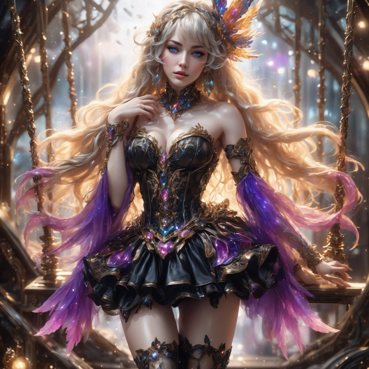 young anime girl, platinum blond hair, glamour, starry sky, wear Maid outfit, wear black stockings, hyperdetailed painting, art by Carne Griffiths and Wadim Kashin concept art, 4k resolution, fractal isometrics details bioluminescens , 3d render, octane render, intricately detailed , cinematic, trending on artstation Isometric Centered hypereallistic cover photo awesome full color, hand drawn , realistic mucha , intricate, hit definition , cinematic,Rough sketch, bold lines, on paper.