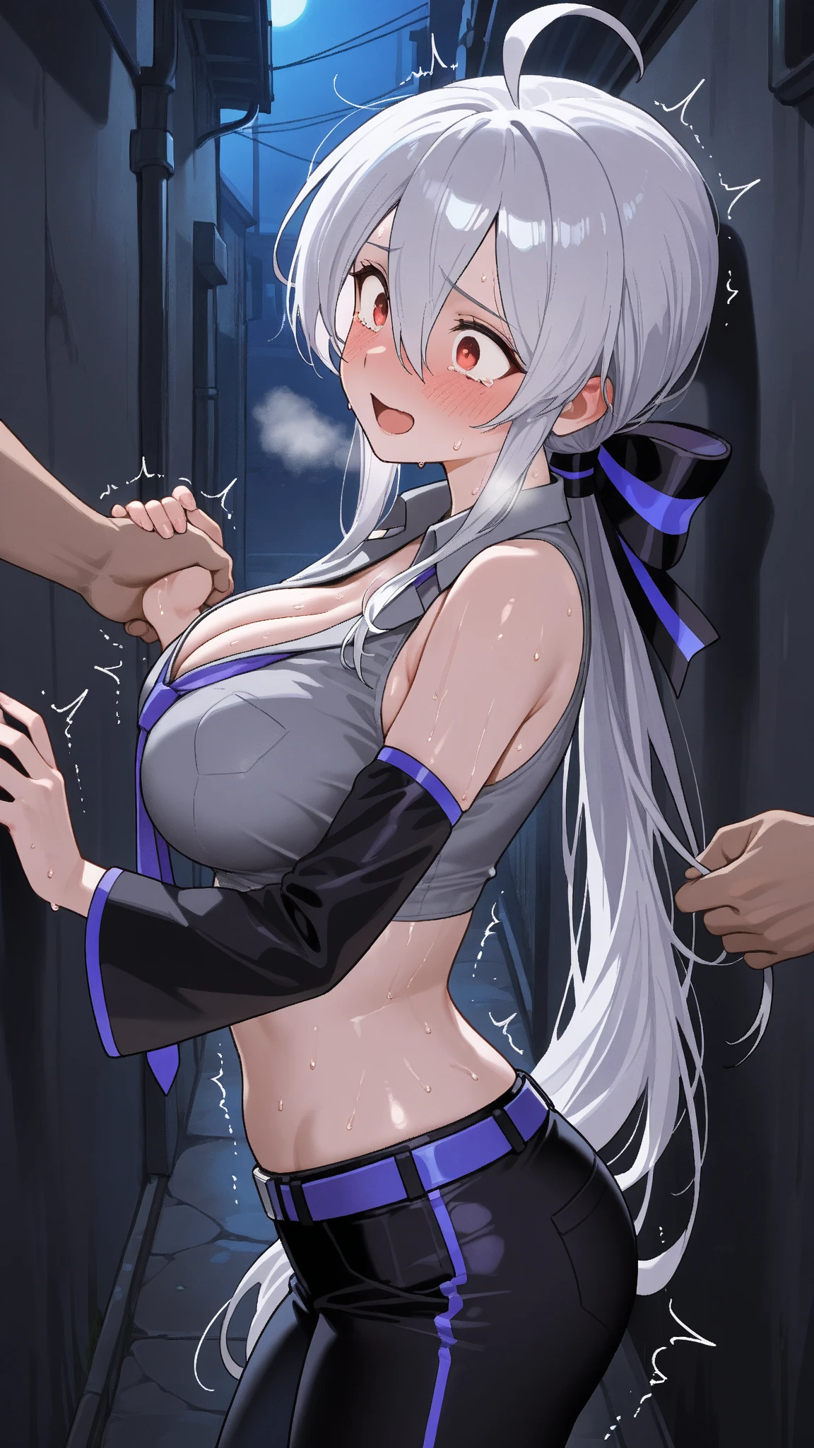 perpendicularPaizuri, hand shaped breasts support, glowing lights on the breasts, cleavage, under boob, from_side, grabbing_from_behind, breasts, 1girl, uncensored, large , large , large breasts, , sci fi outfit, navel , hetero, 1boy, , brown_hair, blush, breast_grab, large_breasts,, , glowing breasts, ,  penis between the breasts,, , wet penis , in the room, window, navel, perpendicularPaizuri, testicles, , deep skin, silver hair,, sleeveless, futuristic, sci fi suit, glowing, advanced technology, naughty smile, armpit, super advanced technology,, closed angle, , glowing breasts support, breasts covered with a lights, futuristic milking machine