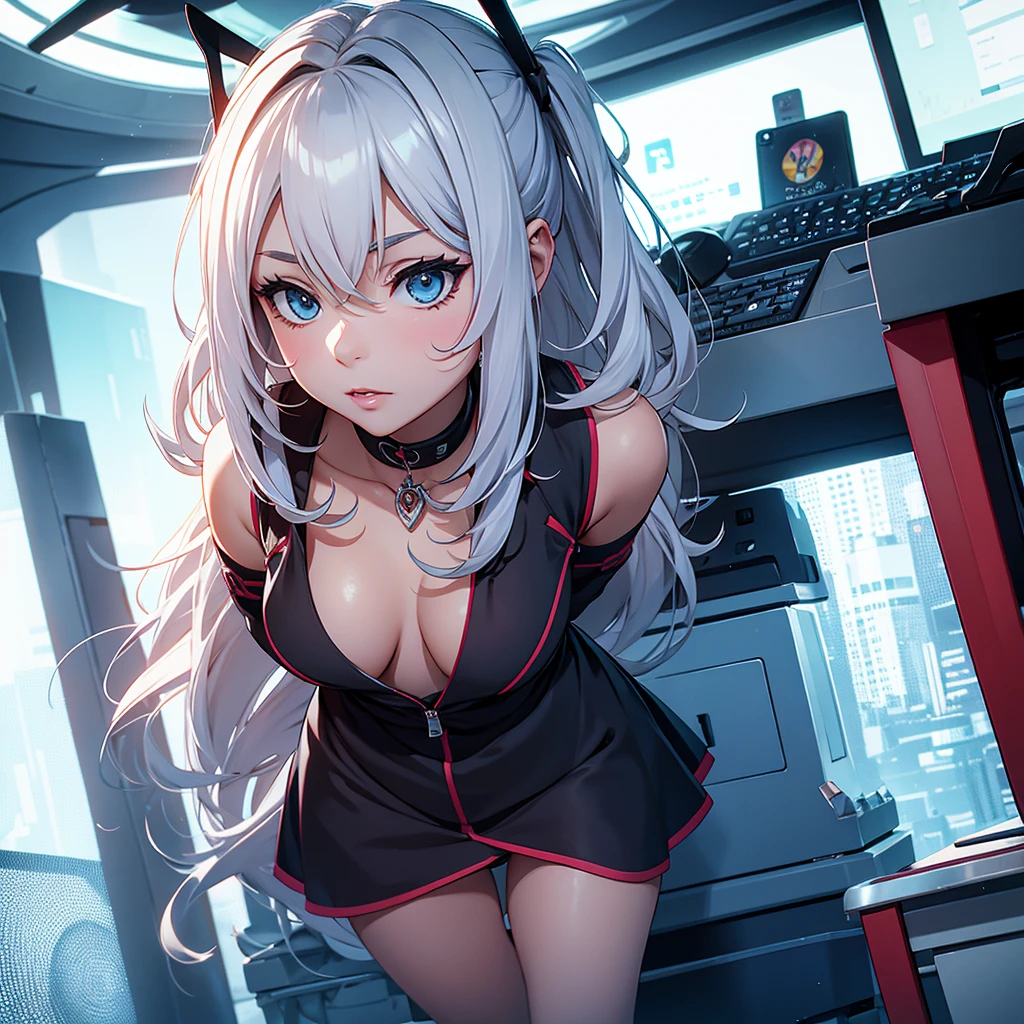 最high quality、Best image quality、masterpiece、girl((18-year-old、 By becoming、Best Bust、Medium Bust,Wide open breast tea、Red glowing eyes,Silver Hair、Disheveled Hair、Long Hair、thin,The highest valley、Open chest、White wristband、smile、hair ornamentany accessories、White see-through shirt、Gal Style、Angle from directly above)),high quality、Beautiful art、background((Stylish office district))、Flight、Flying debris、Written boundary depth、movie、Visual Arts、Perfect art、8K,Genuine、