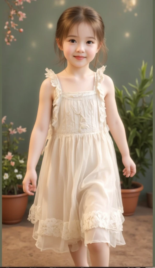 Photography, Masterpiece, high resolution, realistic image, 6 year old preschool girl, with a transparent white lace mini dress, walking hand in hand with his dad, Looking at each other&#39;s eyes, holding hands 