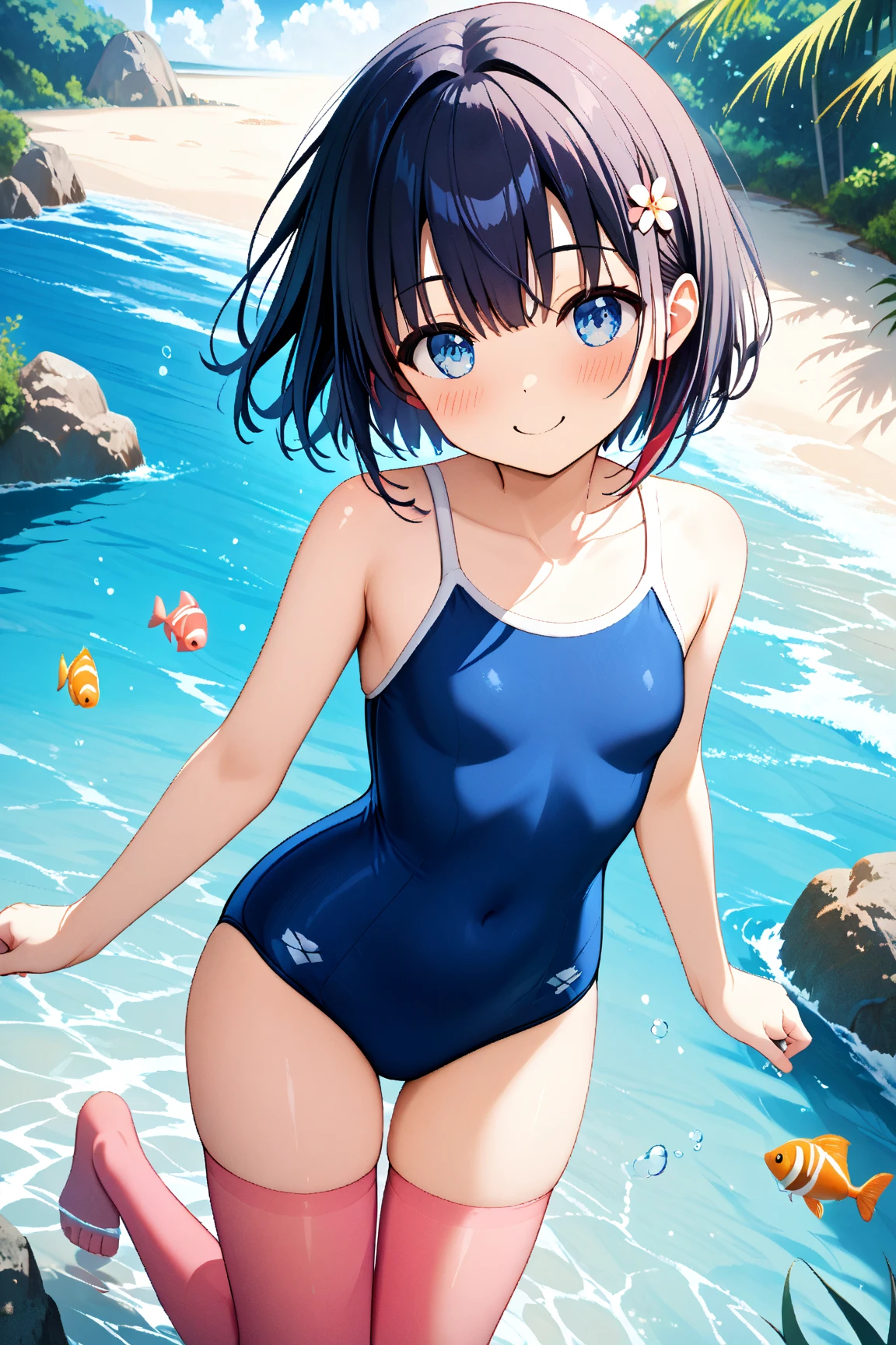 best quality,ultra-detailed,illustration,(new school swimsuit:1.5), 1girl,(solo:1.5),catria,smile,looking at viewer, cute,Blue Hair,Short Hair,Bob,blue eyes,Thin Waist,Small,Toned,small breasts,short stature,(beach:1.3),(eropose:1.5),(kneel:1.5)