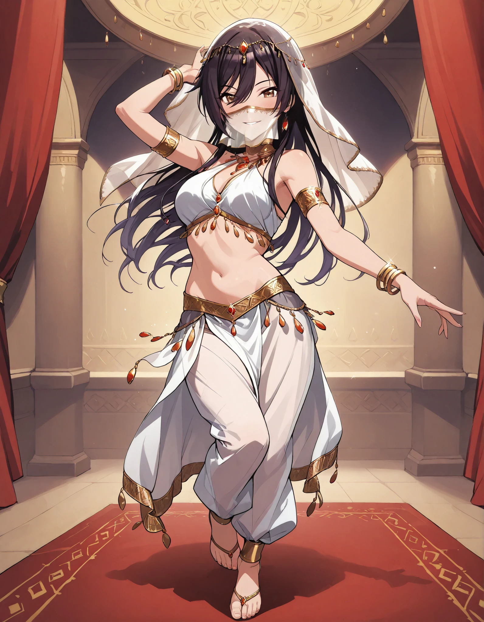 (1girl:1 . 5) , (Seul:1 . 5) , score_9 , score_8_haut , score_7_haut , source_anime , Official work , ultra-detailed , masterpiece , best quality selfie snapshot , high res , beaux yeux , detailed eyes , detailed face , beautiful detailed eyes ,THE iDOLM@STER Shiny Colors,Shirase Sakuya,Arabian Clothes , Arabian Dancer ,belly dancer costume ,mouth veil,full body, golden jewelery,armlet, belly dancing,arabian theater, seductive smile, dancing with veil, dynamic movement,dance posture, seductive pose