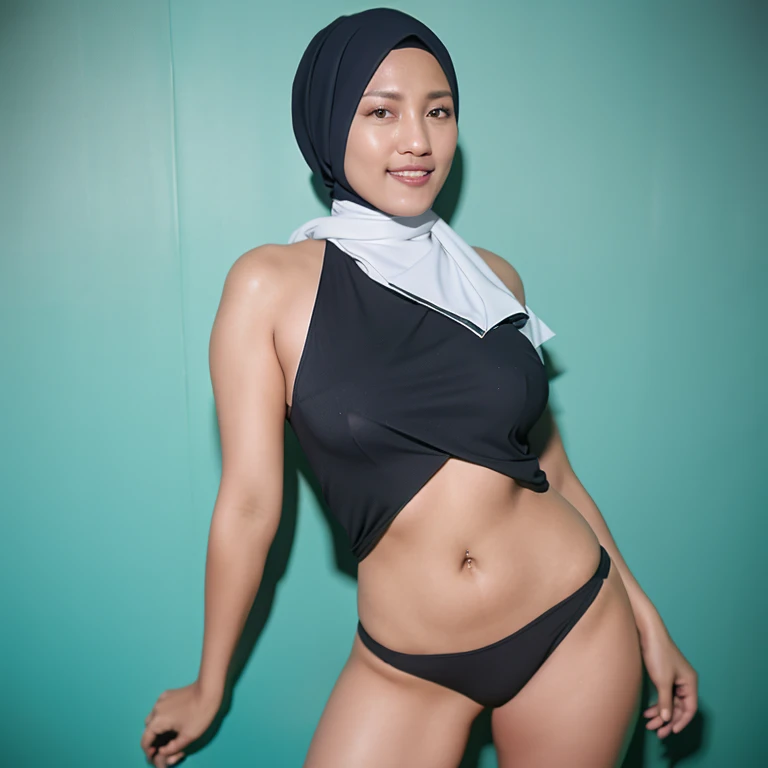 beautiful indonesian girl, thin girl, slim body, black eye, white hijab, black bikini top, low skirt, expose her navel flirty, elegant pose, shows her navel proudly