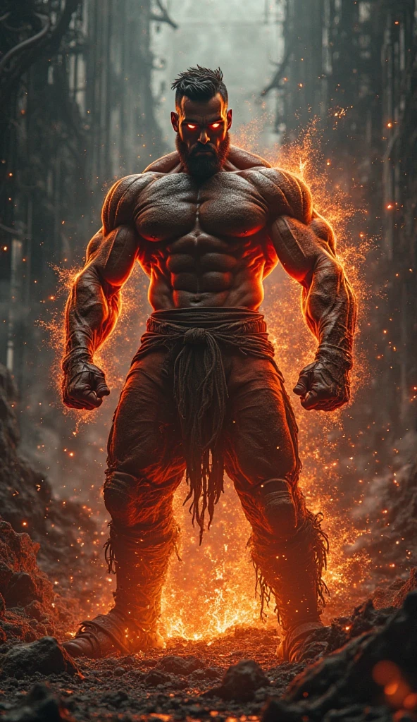 1 men, expression of fury, veins dilating throughout the body, wearing no shirt, detailed strong body, eyes glowing bright red, black sclera, red and warm iris, battle pose, high resolution, best qualityer, High details, Textured skin, HD Model,