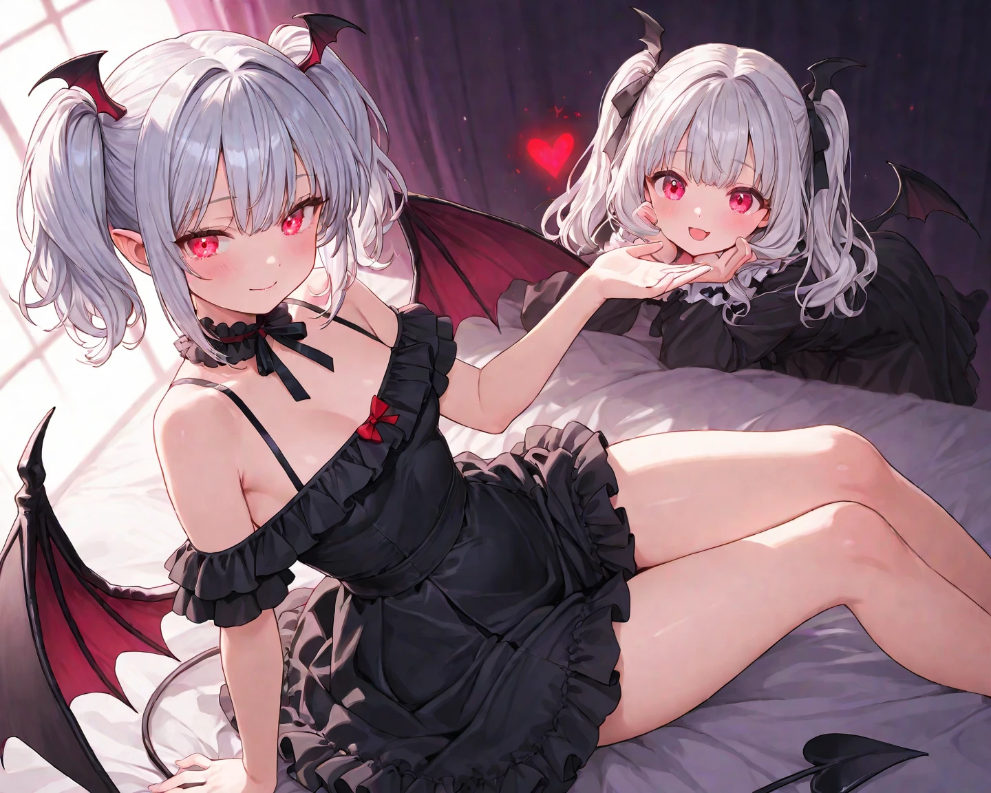 Details、ultra-detailliert、​masterpiece、top-quality、Beautiful fece、A detailed eye、 (3 women:1.4)、Three Succubus（symmetrical succubus wings）、(triplets:1.2)、(Night time)、、(bow ribbon:1.1)、(Two-side-up)neck tie、bra very、耳环、()、Shady face、(dark backgrounds)、malicious smile、Bruises and ugly facial features、Young features、(、long-sleeve、(fluffy sleeves fluffy hair、(Open your mouth and laugh)、、l、Chiquita、Colossal tits、Colossal tits、(Put your hand on your face)、、Ruffled uniforms、hair clips、(Ridicule:1.1)、looking-down、Angle from behind、respected by women、(upward looking gaze:1.2)、超Colossal tits、(hearts symbol:1.5)、(Mass of heart:1.5)、(Heart Effect:1.5)、(heart mark:1.5)、demon tail、Devil's Tail、Succubus、(超Colossal tits:1.3)、Colossal tits、(Tattoo of the heart:1.3)、Yodare、Devil's Tail、Boob Matching　,Girl Sandwich　face sandwich（confused and blushing、Small Girl、kawaii facepose your ahegao）　Hug each other, catch them, そしてサンドイッチを作ってサンドイッチにHug each otherポーズ　Bury your face in cleavage　Sandwich by sandwiching the top and bottom　Sullen expression　lady bed　I'm lying down　I'm lying down上からのしかかって上下から少女を挟んでサンドイッチ