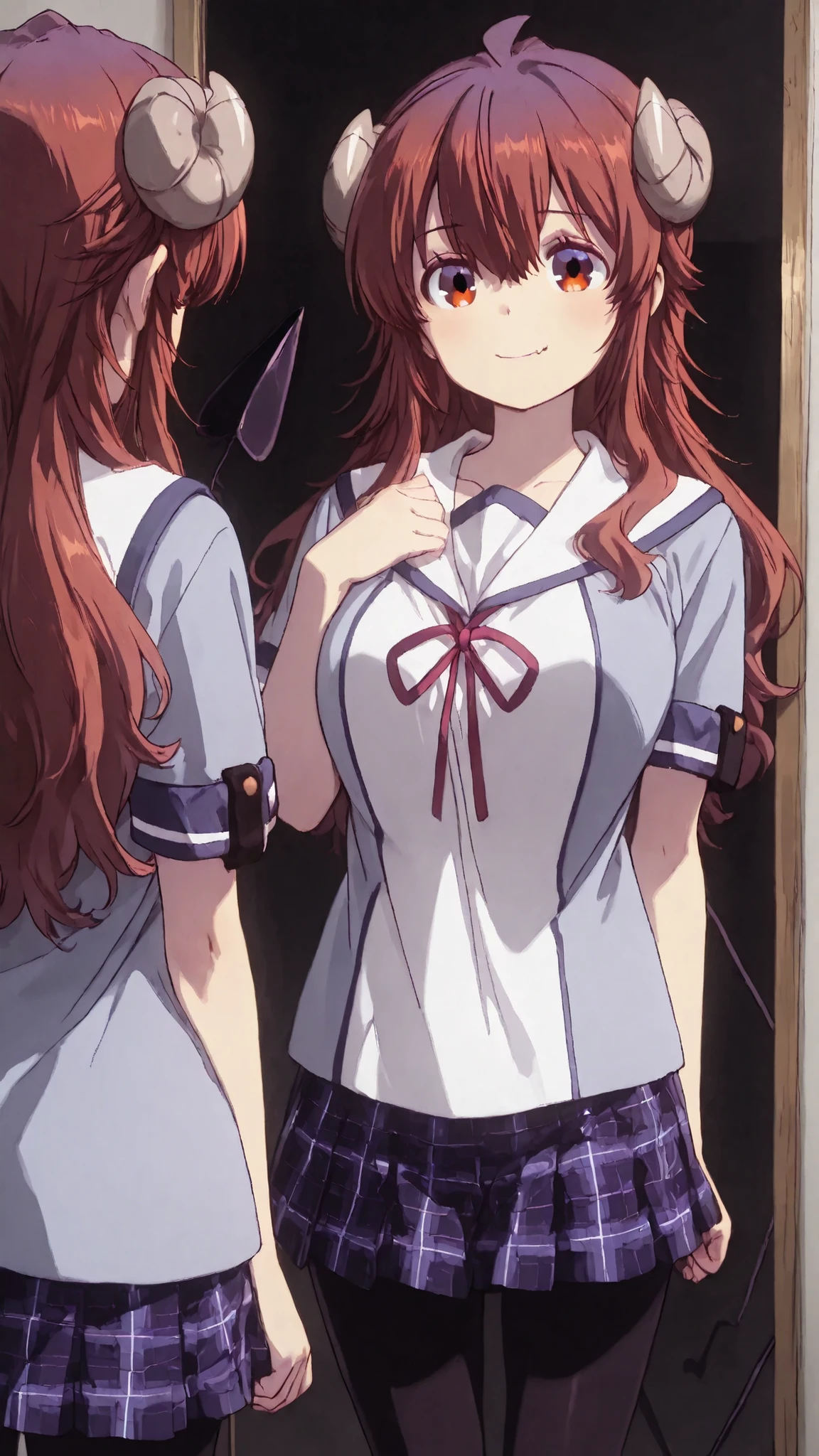 (masterpiece, Highest Quality, Highest Quality:1.2), very detailed,most detailed ((Super Detailed)), (very detailedCGイラスト), ((very delicate)), She looks in the mirror, The girl in the mirror is smiling、Highest Quality, masterpiece, 1girl, Yoshida Yuko , Long Hair, brown hair, stupid hair, horn, tooth, Demon Tail, school uniform, white sailor color, neck ribbon, blue shirt , short sleeves, Plaid Skirt, blue skirt, black pantyhose, Facing Myself Reflected in the Mirror、What I see in the mirror is crisis management form、Expression of duality through specular reflection、危機管理フォームと制服姿のYoshida Yuko 、dark room、neon ray 、Her eyes are glowing pink、