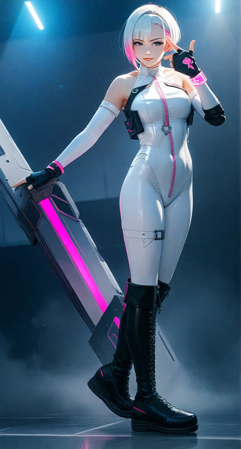 (Perfect Anatomy)、Mastepiece、Ultra High Quality、 8k、masterpiece、Highest quality、Ultra-high resolution、Maximum resolution、Very detailed、Professional Lighting、anime、Adult female、thin、so beautiful、Highly detailed eye、Highly detailed face、Golden earrings、Black Hair,、Pink eyes, , Braiding、Straight bangs, full body, standing, BREAK ((shiny white latex material, futuristic pilot suit, Sci-Fi suit):1.3), (white latex unitard with military cyber gadgets:1.4), ((long sleeves, high neck):1.3), ((bioluminescent glow parts, LED light glow gadget, glow Geometric-pattern) on suit:1.3), ((black harness, mechanical shoulder armor of robot parts, mechanical joints, mechanical glove, knee pads):1.3), (fabric of glove covers all way to fingertips:1.3), ((closed-fitting, slim fit, emphasizes body line):1.3), (fluorescent ski-boots:1.1),