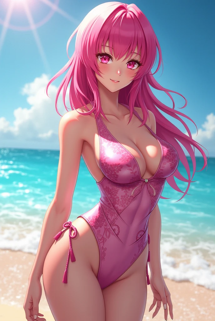 Girl with pink hair and blue eyes wearing a bikini on the beach