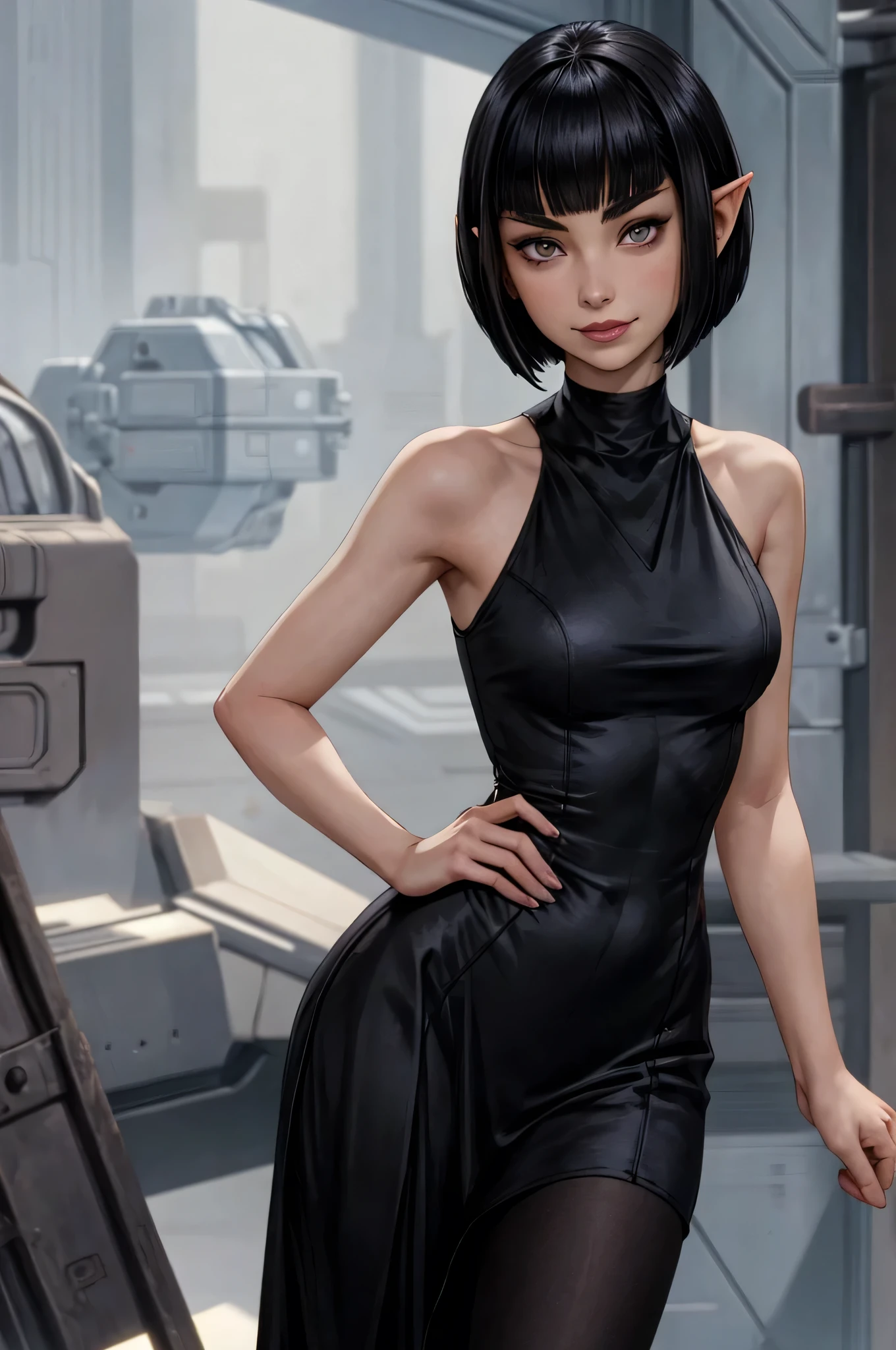 tight black dress ,best quality,female vulcan, teenager, black hair, bobcut, smile, looking at viewer, pale skin, standing, hand on hip, 
pointed ears
pointed eyebrows
blunt bangs
