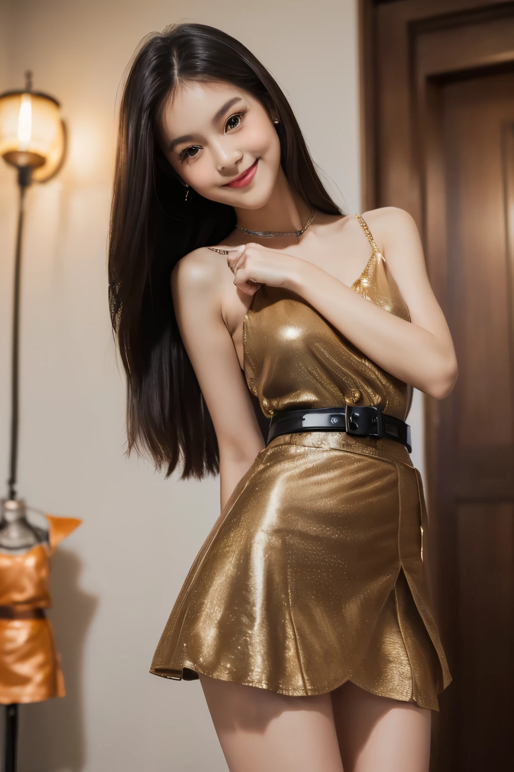 The beauty of 8K raw photos:2.0, short hair,15 years old, great face and dark eyes, stare at the camera, upward glance, big smile:1.6, show teeth, (golden dress:1.2), realistic:1.9, very detailed CG 統合 8k 壁紙, very detailed, High resolution RAW color photos, full body shot, professional photos, Taken in front of the stained glass of the cathedral, girl sexy portrait